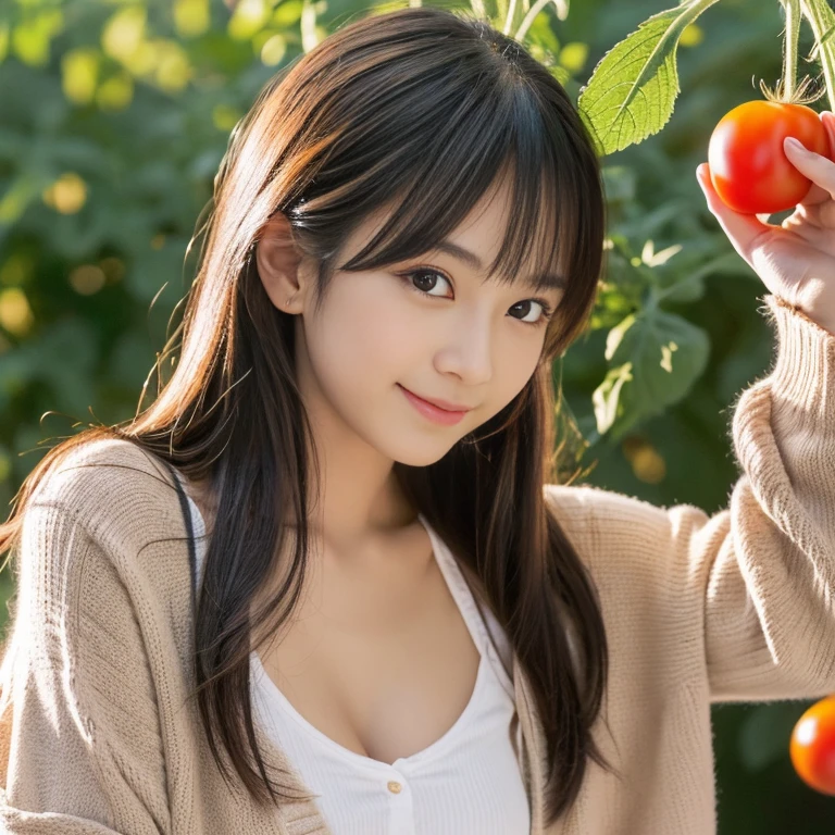 Ultra-realistic capture, Highly detailed, 人間の皮膚のhight resolution16kクローズアップ. Skin texture must be natural, With enough detail to finely identify pores. Skin should look healthy, In a uniform tone. Use natural light and color,(Best Quality,4K,8K,hight resolution,masutepiece:1.2),Ultra-detailed,extremely detailed eye and face,Beautiful detailed eyes,Beautiful detailed lips,long eyelashes,((Realistic)),Photorealistic:1.37,japanes,fine-grained white skin,(Skinny jeans,Cardigan,bandeau top),beautiful and magnificent composition,masutepiece,Attractive,Cute,silky smooth and straight hair,Sharp Focus,the setting sun,smiling cheerfully,((holding a tomato in hand)),((Tomato field)),((There is a tomato tree in front of me)),(Slouching),(Full-body photography from a distance:1.4),(My eyes are on the tomato in my hand.)