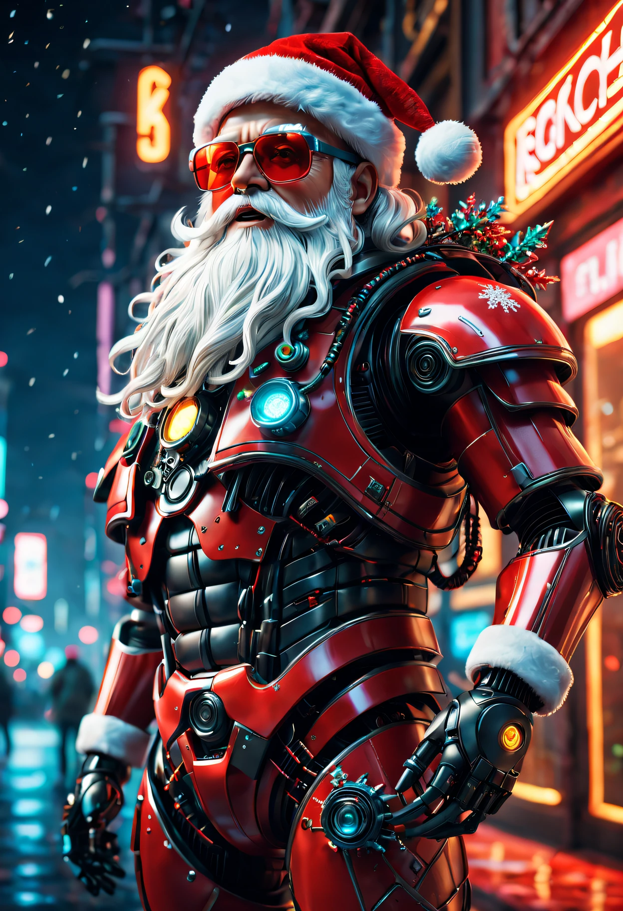cybernetic santa claus, Robotic arm with intricate details, Futuristic exoskeleton suit, Glowing red sunglasses, put on santa hat,Metal beard and hair, Neon lights illuminate the night sky, Pixelated snowflakes falling, ultra - detailed, A high resolution, HighDynamicRange, physically-based renderingt, sci-fy, vivd colour, futuristic lighting,(Best quality at best,4K,8K,A high resolution,tmasterpiece:1.2),ultra - detailed,(actual,photoactual,photo-actual:1.37).