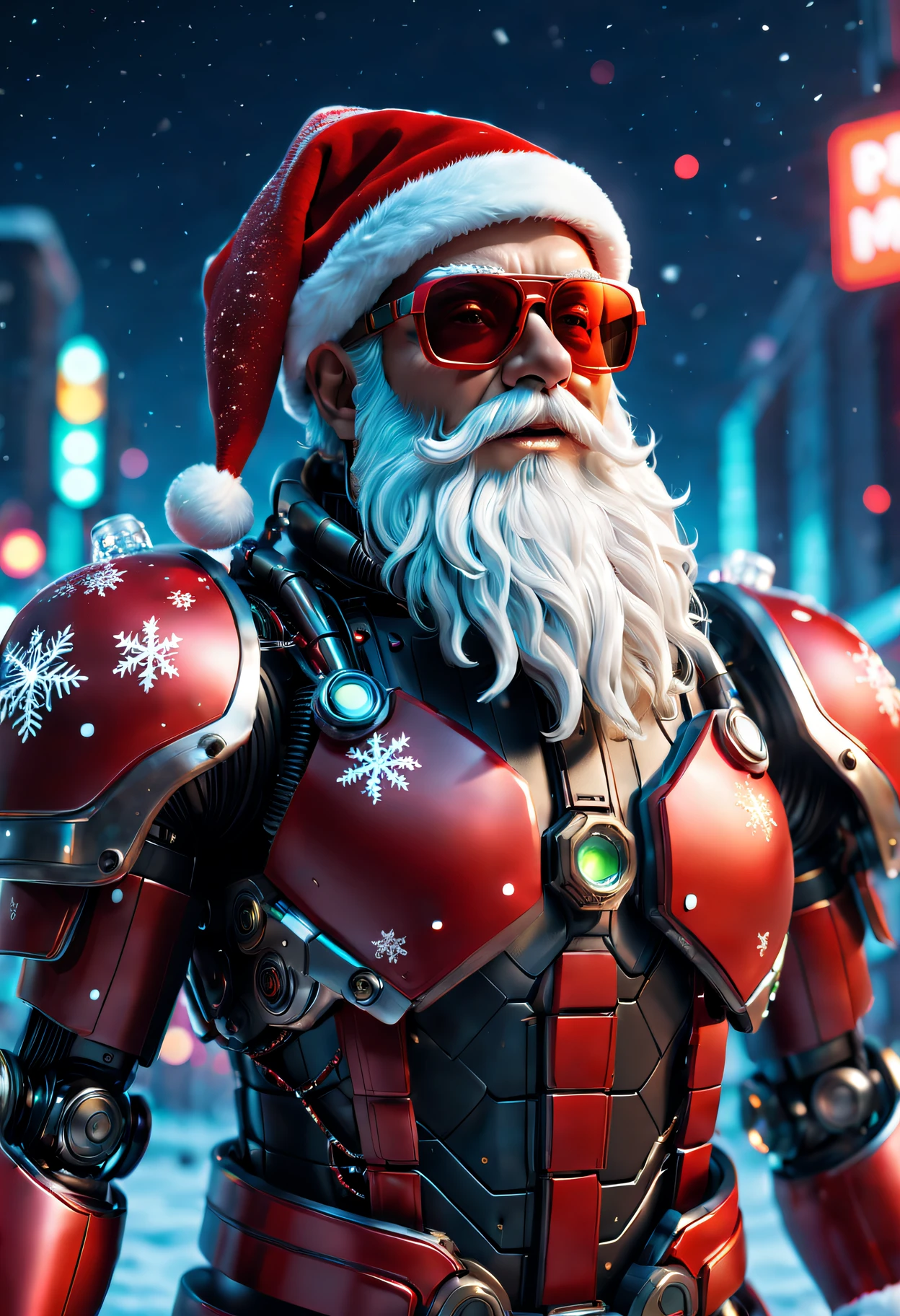 cybernetic santa claus, Robotic arm with intricate details, Futuristic exoskeleton suit, Glowing red sunglasses, put on santa hat,Metal beard and hair, Neon lights illuminate the night sky, Pixelated snowflakes falling, ultra - detailed, A high resolution, HighDynamicRange, physically-based renderingt, sci-fy, vivd colour, futuristic lighting,(Best quality at best,4K,8K,A high resolution,tmasterpiece:1.2),ultra - detailed,(actual,photoactual,photo-actual:1.37).