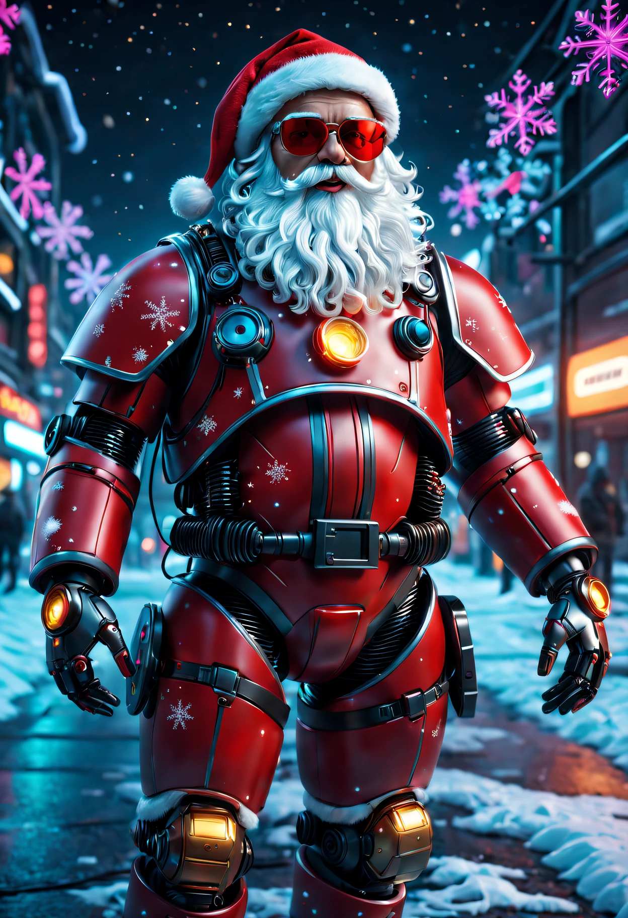cybernetic santa claus, Robotic arm with intricate details, Futuristic exoskeleton suit, Glowing red sunglasses, put on santa hat,Metal beard and hair, Neon lights illuminate the night sky, Pixelated snowflakes falling, ultra - detailed, A high resolution, HighDynamicRange, physically-based renderingt, sci-fy, vivd colour, futuristic lighting,(Best quality at best,4K,8K,A high resolution,tmasterpiece:1.2),ultra - detailed,(actual,photoactual,photo-actual:1.37).