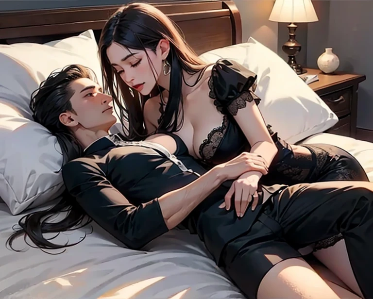 (A high resolution,tmasterpiece:1.2),full bodyesbian,slender boy:1.2 Sex in bed with the demon mistress,femdom:1.6,((assertive female,The girl above)).(电影灯光)