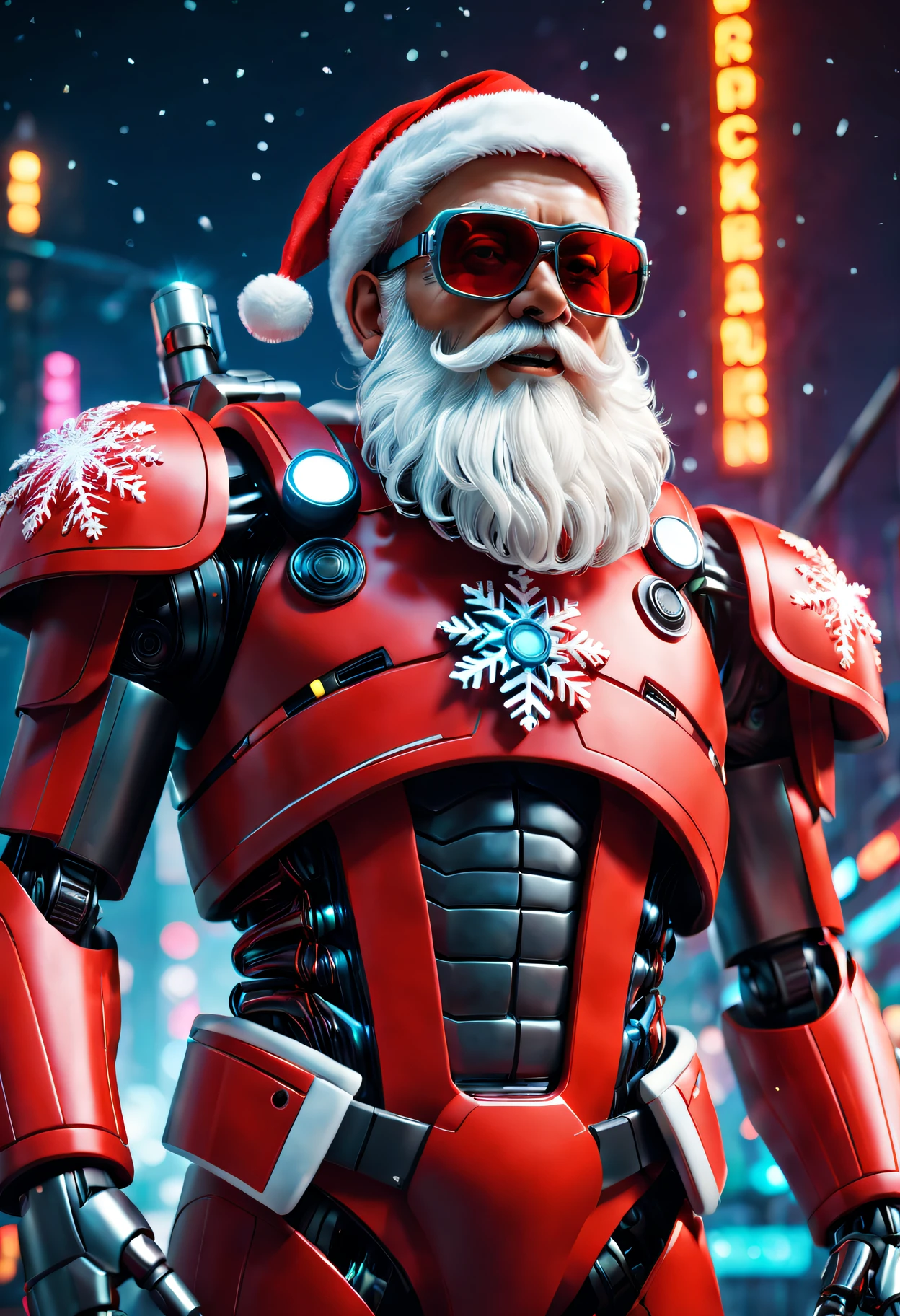 cybernetic santa claus, Robotic arm with intricate details, Futuristic exoskeleton suit, Glowing red sunglasses, put on santa hat,Metal beard and hair, Neon lights illuminate the night sky, Pixelated snowflakes falling, ultra - detailed, A high resolution, HighDynamicRange, physically-based renderingt, sci-fy, vivd colour, futuristic lighting,(Best quality at best,4K,8K,A high resolution,tmasterpiece:1.2),ultra - detailed,(actual,photoactual,photo-actual:1.37).