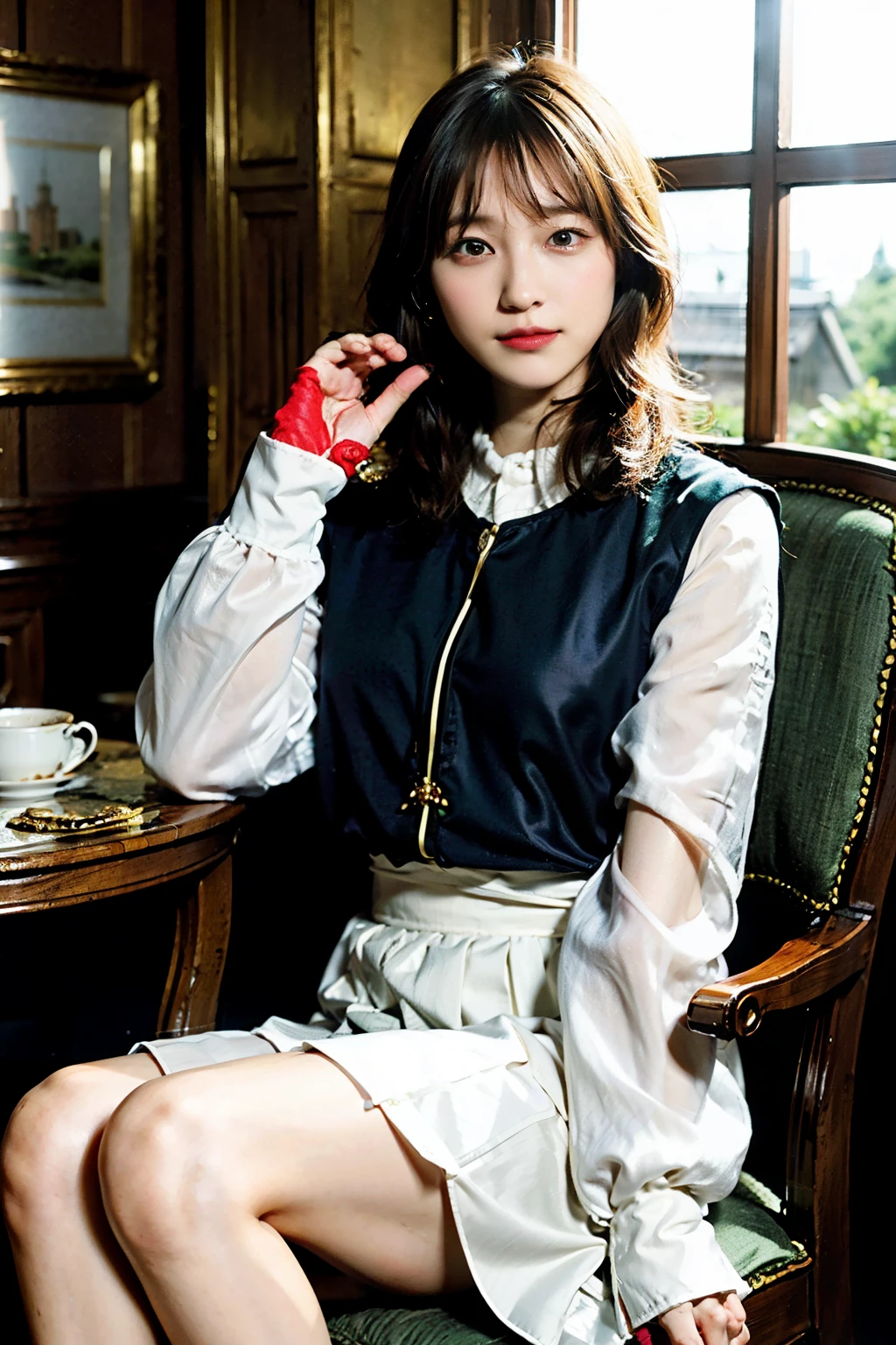 (((masutepiece, Highest Quality, High Definition, high detailing)))), (((Fantasy))), ((City walls)), ((Inside the inn)), (Sit in a chair and look out the window))), ((people passing through town々々)), One, Elven Woman, White short skirt with gold embroidery, Blonde long straight hair, Dark green eyes, Green surcoat with gold embroidery, Smile, Big, (Breeze) , There are a lot of light particles floating in the room