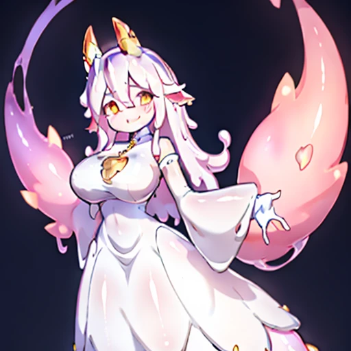 Slime Girl, Anime, Big horns, High quality, stature, big breast background, White background, closed Dress, Closed Mount, closed chest, parasite, multicolored hair, alien parasite, crystal horn, ,Shining, Cute ,Holding,Suit,Dress, huge doe、Dragon's horn,Solo,fox body under human body, Full body, inflation, hit the body, Milking,Pedras preciosas, Gen,