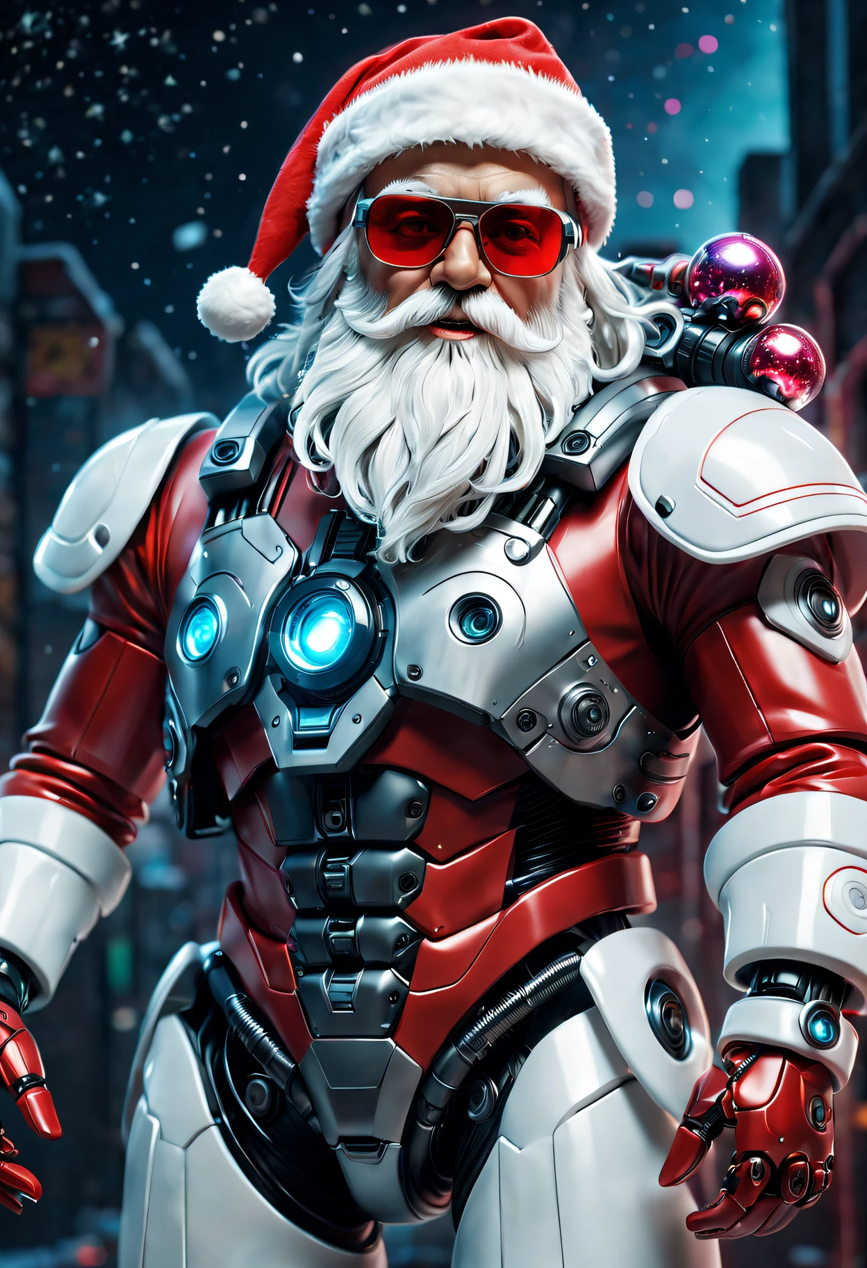 cybernetic santa claus, Robotic arm with intricate details, Futuristic exoskeleton suit, Glowing red sunglasses, put on santa hat,Metal beard and hair, Hover using anti-gravity technology, Neon lights illuminate the night sky, Pixelated snowflakes falling, ultra - detailed, A high resolution, HighDynamicRange, physically-based renderingt, sci-fy, vivd colour, futuristic lighting,(Best quality at best,4K,8K,A high resolution,tmasterpiece:1.2),ultra - detailed,(actual,photoactual,photo-actual:1.37).