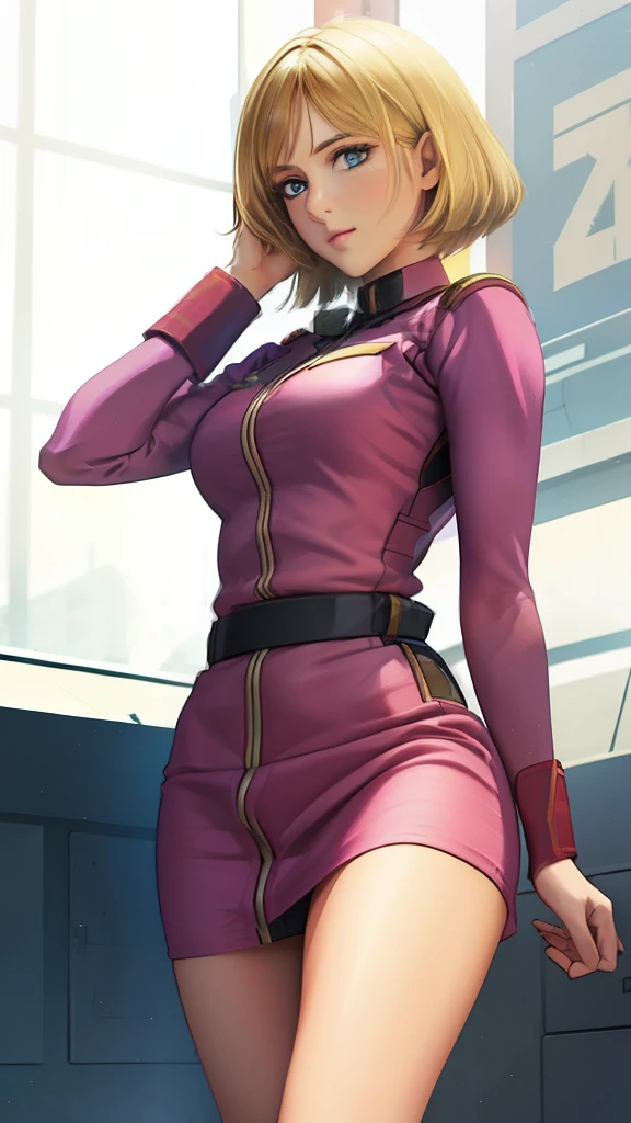 1girl in, sayla mass, Elegant, masutepiece, Convoluted, Ultra mini skirt、federal army pink uniform、miniskirt showing panties、White panty、Realistic, Best Quality, absurderes, high face detail, Perfect eyes, 18 years old, Cowboy Shot, realization、, Vibrant colors, Pink uniform, Skirt