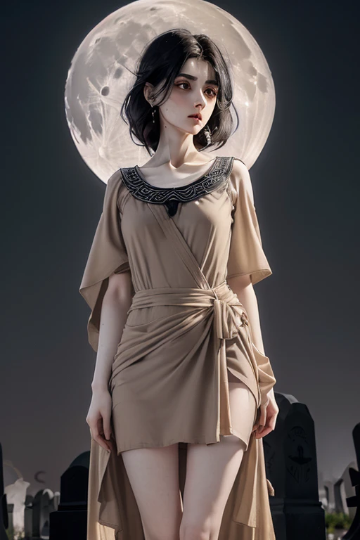 beautiful ephemeral Ghost , thin female, symmetric eyes, (((wearing gray-beige greek clothes))), (((messy black hair, small bust, narrow waist, beautiful legs))), (((looking at viewer, pale cheek, pale skin))), (((against moon, in cemetery at night))), highly detailed