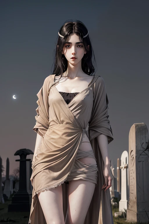 beautiful ephemeral Ghost , thin female, symmetric eyes, (((wearing gray-beige greek clothes))), (((messy black hair, small bust, narrow waist, beautiful legs))), (((looking at viewer, pale cheek, pale skin))), (((against moon, in cemetery at night))), highly detailed