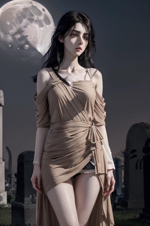 beautiful ephemeral Ghost , thin female, symmetric eyes,  (((wearing gray-beige greek clothes))), (((messy black hair, small bust, narrow waist, beautiful legs))), (((looking at viewer, pale cheek, pale skin))), (((against moon, in cemetery at night))), highly detailed