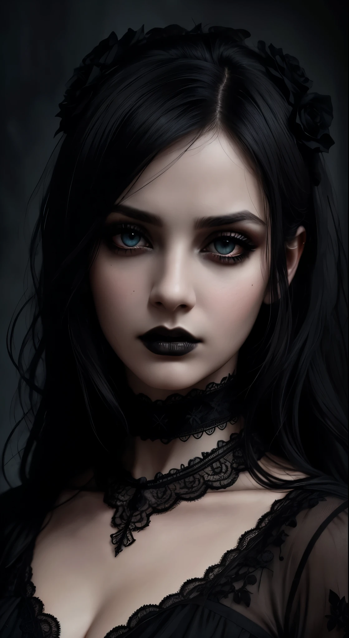 (best quality,highres:1.2),horror,beautiful detailed eyes,beautiful detailed lips,gothic style portrait,ultra-detailed hair,realistic skin texture,gloomy atmosphere,dark lighting,gorgeous black dress,hauntingly beautiful,subtle shadows,emotive expression,moody background,gloomy ambiance.