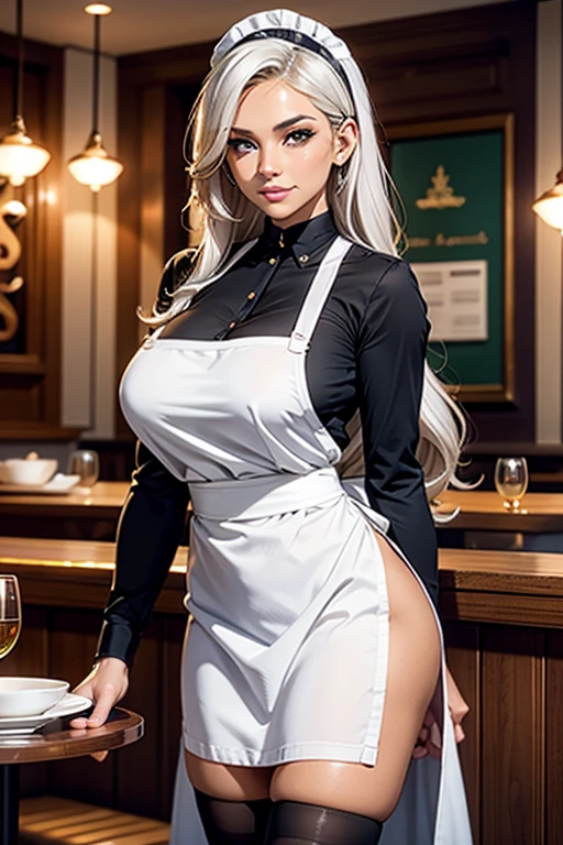 There is a tanned skinned adult woman carrying a plate, in restaurant, with maid uniform, and apron, heels, black stockings, white hair, darker lips,thin lips, kind and soft face,naughty smile,emerald green eyes,Eyeshadows,sexy eyeliner,knee length hair,curved hair, Big breast, thin waist, high quality, highly detailed skin, front view