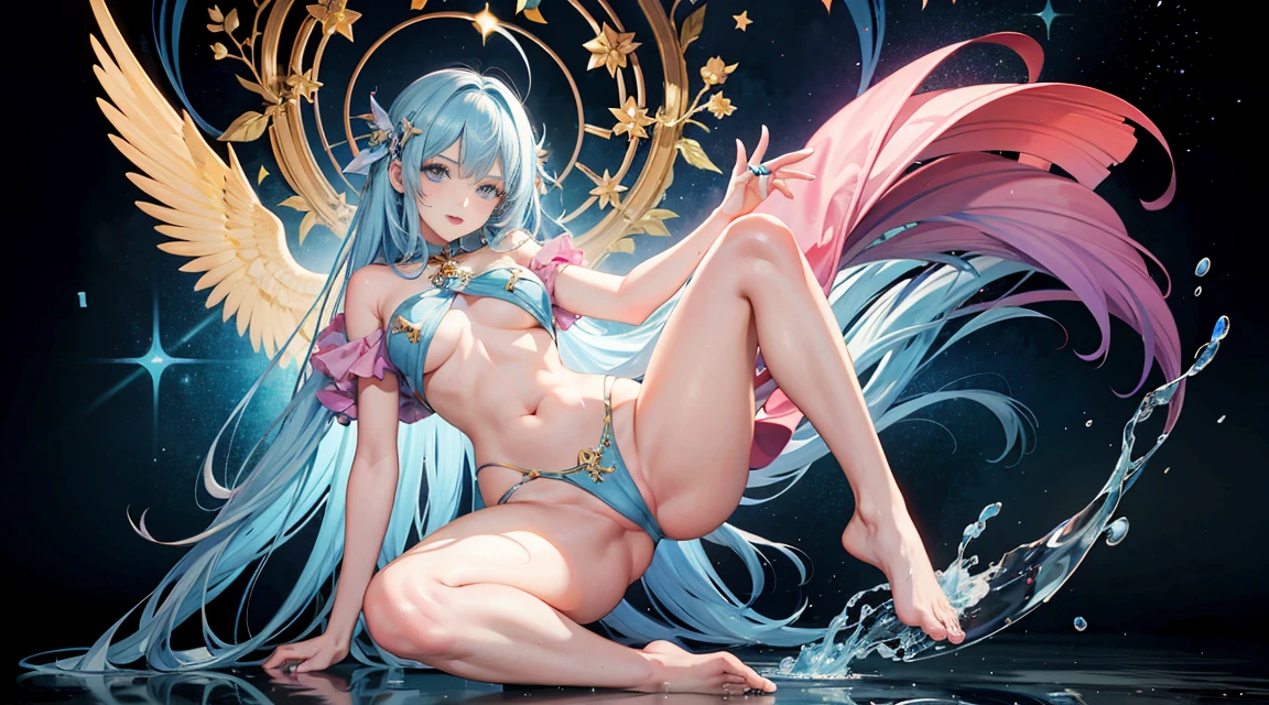 Absurd resolution, high resolution, (masterpiece: 1.4), super detailed, Depict an 18-year-old girl radiating allure. long, flowing, colorful hair cascading down her beautiful body. captivating eyes, naked body. beautiful body, blue tail, Capture her in a full-body composition that highlights her irresistible charm. mage