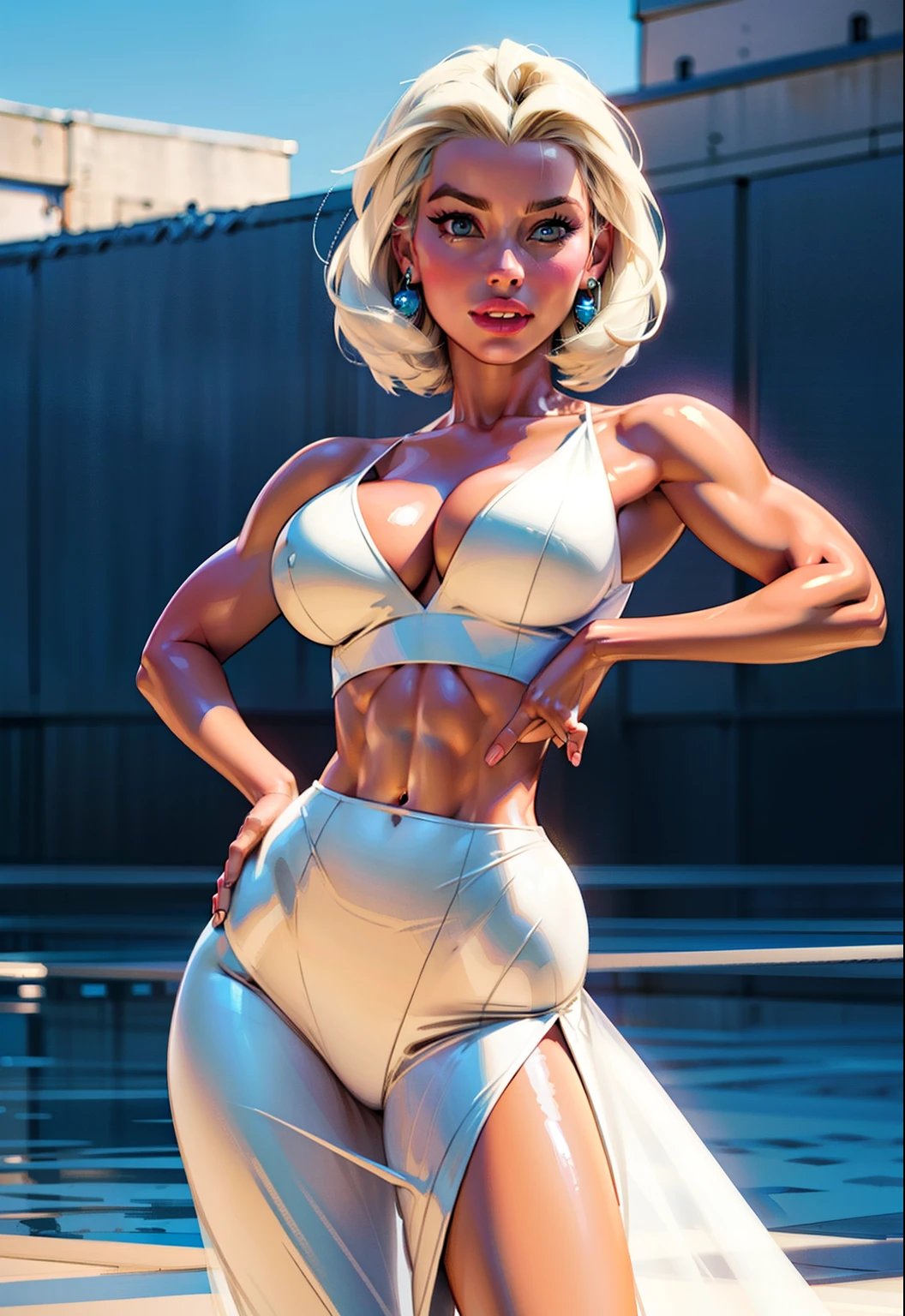 1 beautiful girl, wedding, (photorealism: 1.3) standing shot, (grace kelly face), Santorini, standing in front of (blue sea), (perfect breasts, wide hips, hip dips, slendered abs), white wedding dress, wedding decoration, masterpiece, diffused soft light, portrait, best Quality, (Perfect Face: 1.4), Hyper-realistic high details, complex realistic simulation style photos, movie lighting, studio shots, elegant poses, (medium close-up)