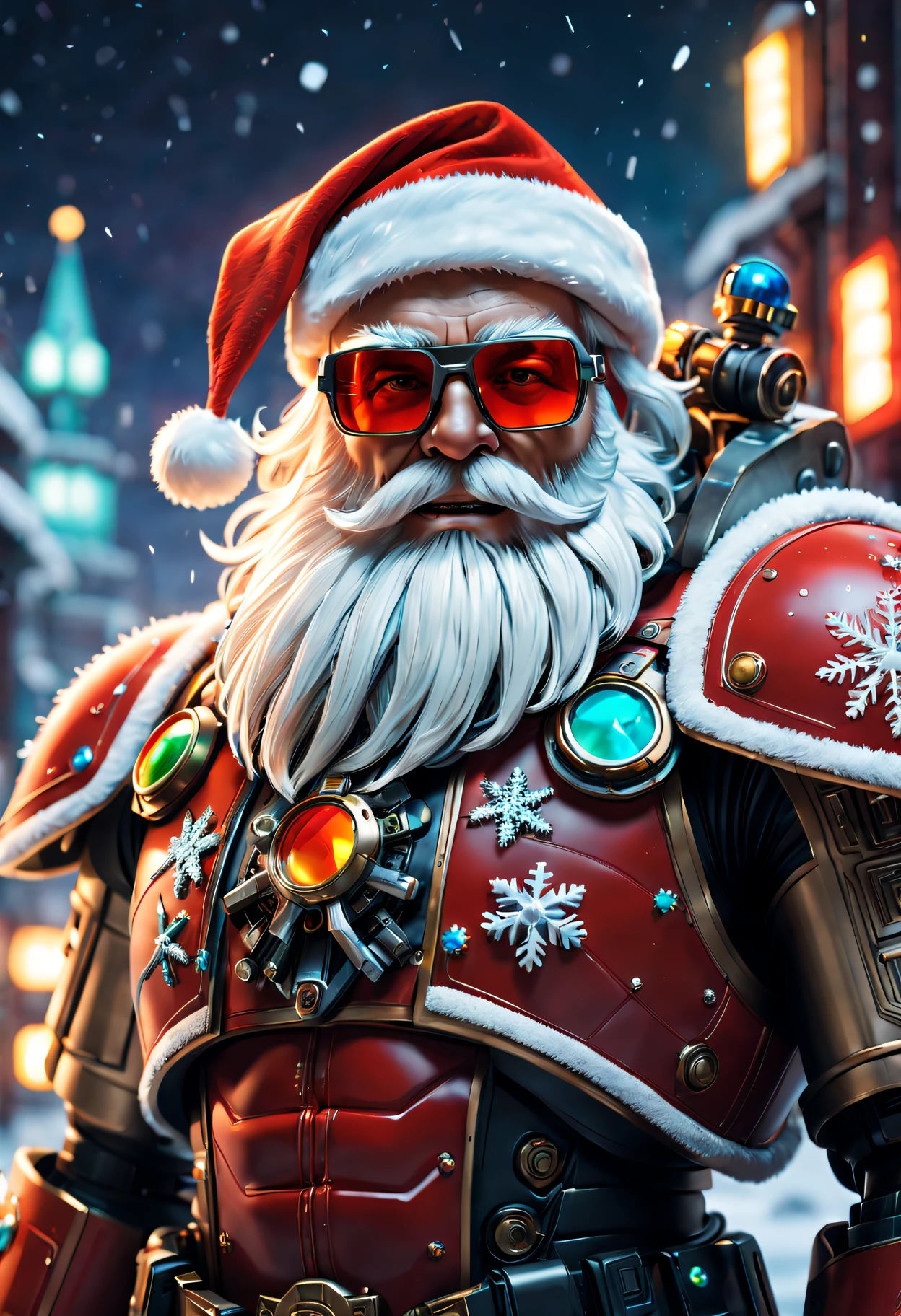 Warhammer 40K universe, cybernetic santa claus, Robotic arm with intricate details, Futuristic exoskeleton suit, Glowing red sunglasses, put on santa hat,Metal beard and hair, Neon lights illuminate the night sky, Pixelated snowflakes falling, ultra - detailed, A high resolution, HighDynamicRange, physically-based renderingt, sci-fy, vivd colour, futuristic lighting,(Best quality at best,4K,8K,A high resolution,tmasterpiece:1.2),ultra - detailed,(actual,photoactual,photo-actual:1.37).