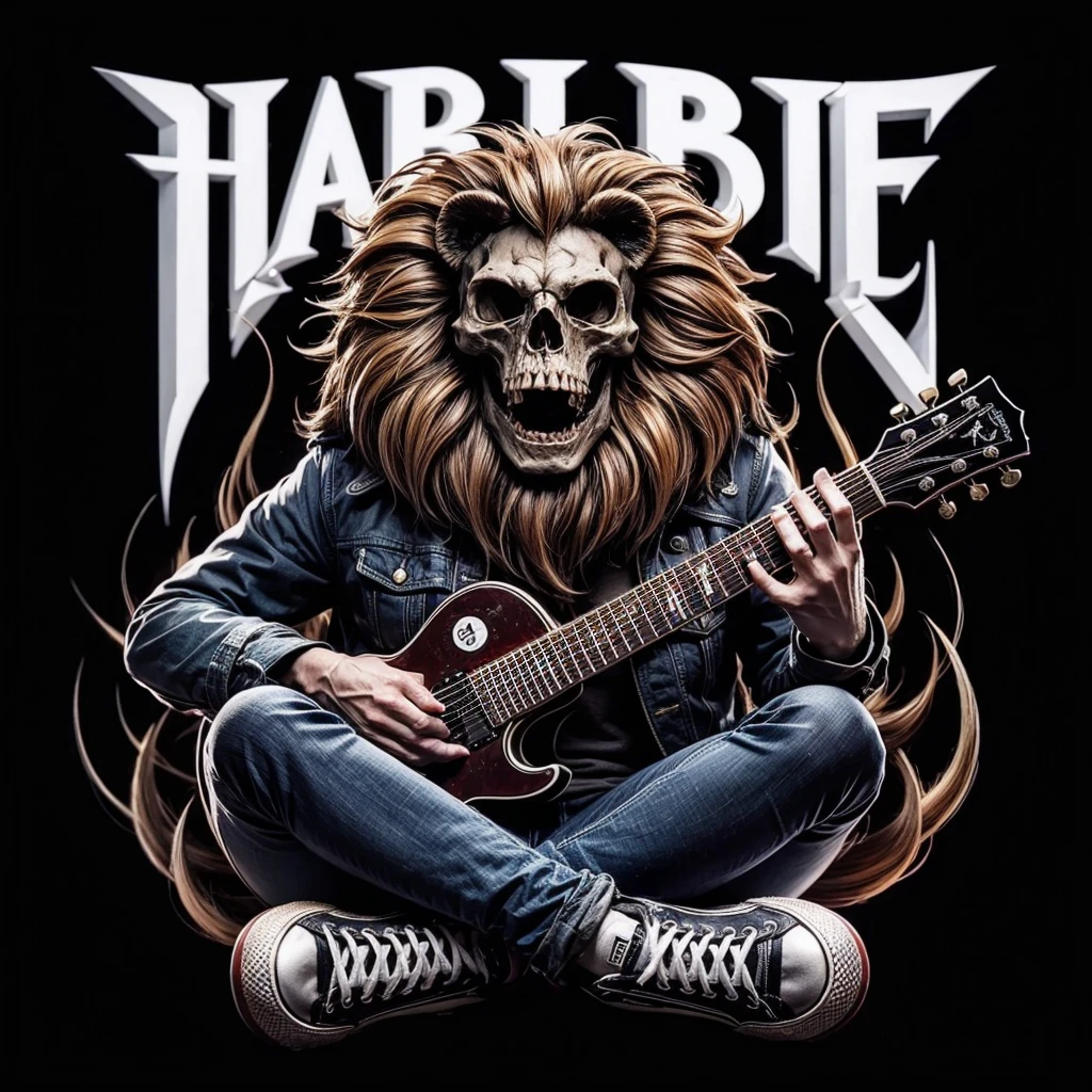 logo name (HABIBIE) font death metal,skull lion wearing jacket and shoes,playing red guitar,skull,3D,full colors, realistics,background black
