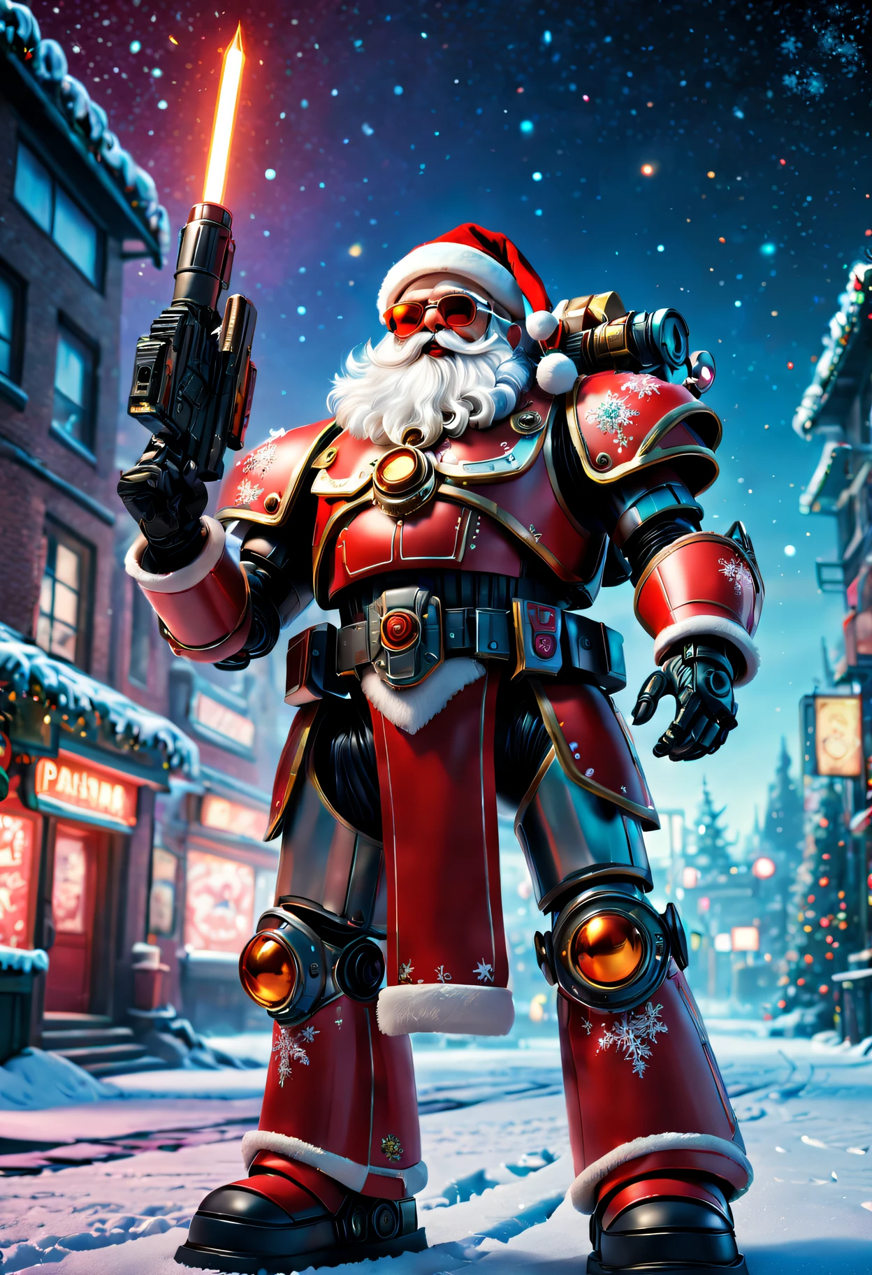 Warhammer 40K universe, cybernetic santa claus, Robotic arm with intricate details, Futuristic exoskeleton suit, Glowing red sunglasses, put on santa hat,Metal beard and hair, Neon lights illuminate the night sky, Pixelated snowflakes falling, ultra - detailed, A high resolution, HighDynamicRange, physically-based renderingt, sci-fy, vivd colour, futuristic lighting,(Best quality at best,4K,8K,A high resolution,tmasterpiece:1.2),ultra - detailed,(actual,photoactual,photo-actual:1.37).