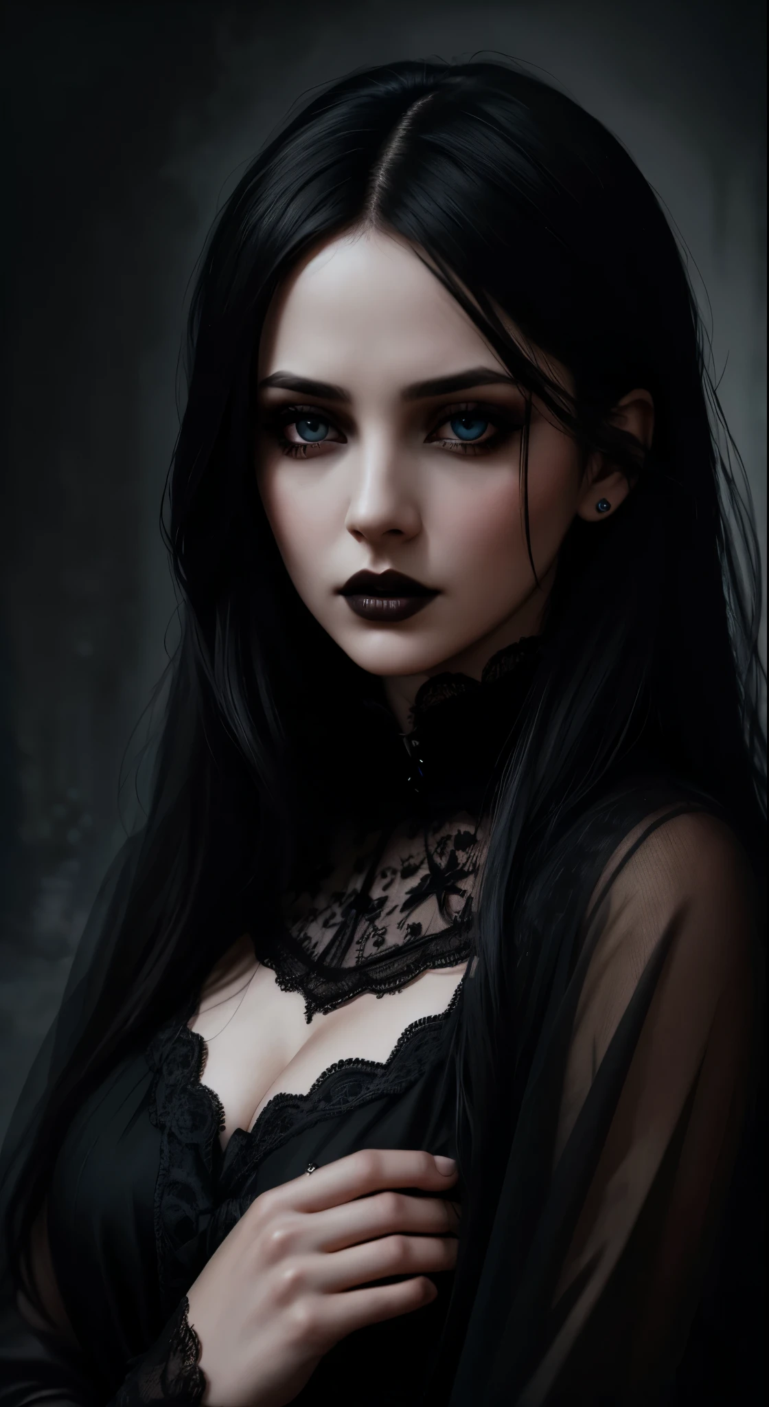 (best quality,highres:1.2),horror,beautiful detailed eyes,beautiful detailed lips,gothic style portrait,ultra-detailed hair,realistic skin texture,gloomy atmosphere,dark lighting,gorgeous black dress,hauntingly beautiful,subtle shadows,emotive expression,moody background,gloomy ambiance.
