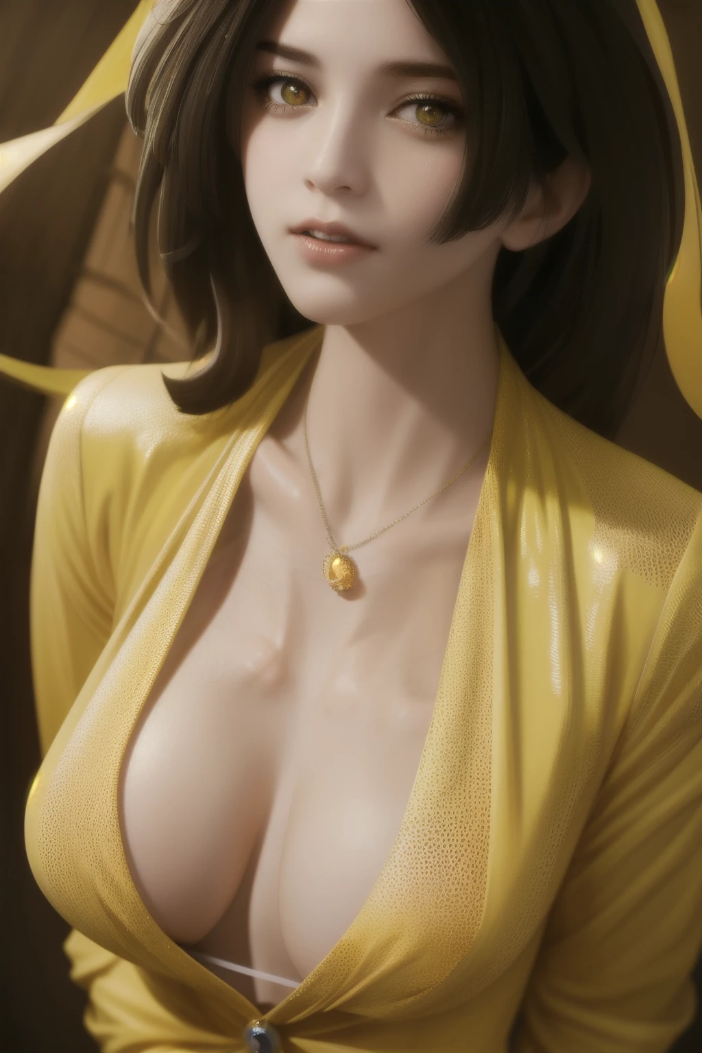 a girl with curly hair, in a yellow suit consisting of honey in honeycombs, many details close-up,hyperdetalization,Greg Rutkowski style