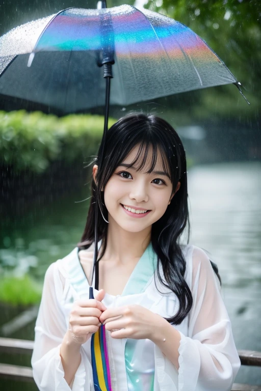 ((​masterpiece))), (One beautiful Japan girl, classmates, landscape and innocence，kawaii，A dark-haired :1.4)) ，超A high resolution, Realistic, ultra-detailliert, 8K,top-quality, Extremely detailed, Detailed background,A slender,very beautiful japanese girl, Detailed face:1.3), , (a ，kawaii系,adorable girl)，masutepiece, High resolution, 8K, Bursting smile，show me your beautiful teeth，Facing the front without an umbrella，Eyes are double, high-level image quality, High quality、Detailed background、early evening、rain is falling、Rain-soaked hair、White shirt wet in the rain，4 fingers, 1 thumb、Detailed female face、Cute and charming pose、​masterpiece、softfocus , bright and gentle light , Lens Flare ,Dreamy , Wet in the rain, clothes that cling to one's body、(Black bra shows through)、((Heavy rain background))、(((Beautiful water background、With the rainbow in the background)))，Dark blue pleated mini skirt，beautiful thigh