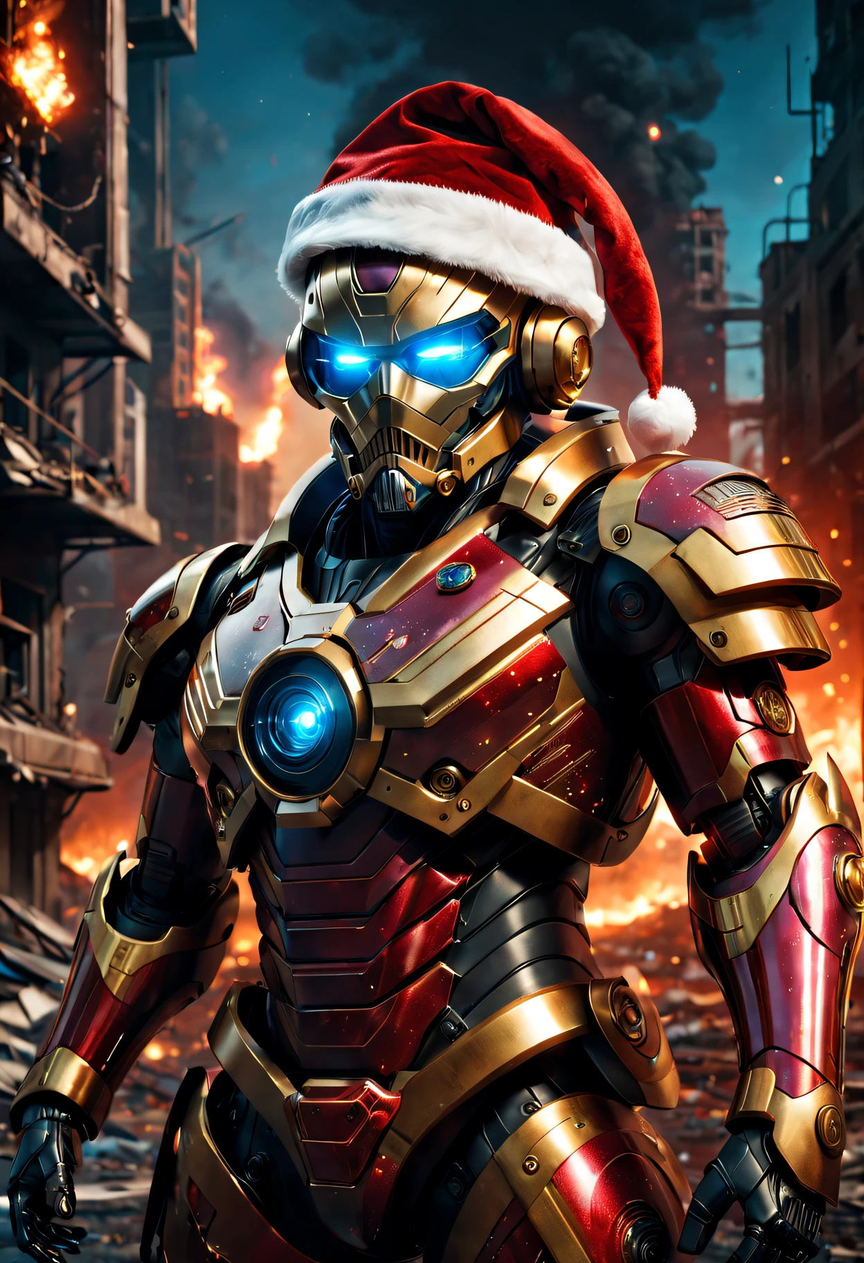 cybernetic santa claus,Red gold armor mechanical suit,Shining blue eyeierce war environment,Destroyed buildings and flames,The background is a futuristic cityscape,Equipped with laser gun and shield,Radar and targeting integrated into Santa hat,severe and threatening atmosphere,Sci-fi cyberpunk aesthetics,High contrast and desaturated tones,Dramatic and dynamic lighting effect quality,4K,A high resolution,tmasterpiece:1.2),ultra - detailed,(actual,photoactual,photo-actual:1.37)