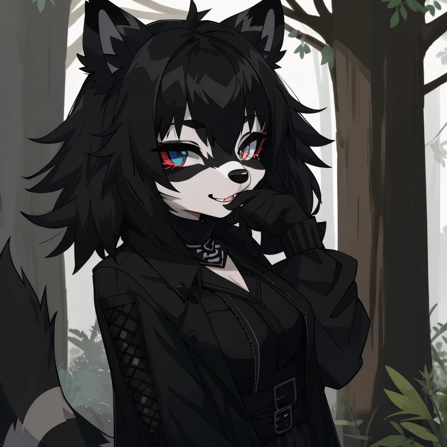 furry raccoon, енот goth, raccoon girl, goth, 가슴, in black clothes, black hair, raccoon, grimalkin