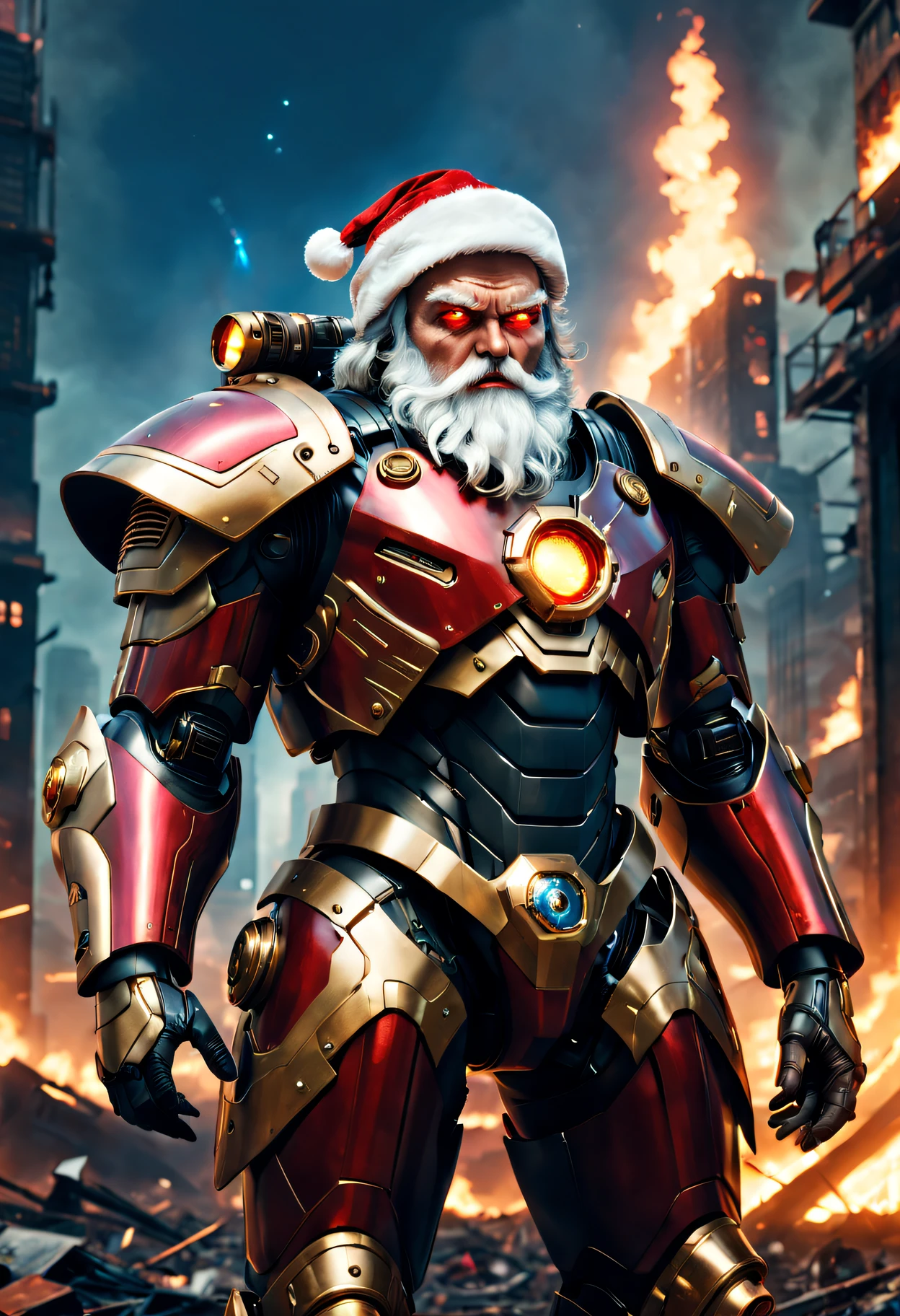cybernetic santa claus，Red gold armor mechanical suit，Shining blue eyeierce war environment，Destroyed buildings and flames，The background is a futuristic cityscape，Equipped with laser gun and shield，Radar and targeting integrated into Santa hat，severe and threatening atmosphere，Sci-fi cyberpunk aesthetics，High contrast and desaturated tones，Dramatic and dynamic lighting effect quality,4K,A high resolution,tmasterpiece:1.2),ultra - detailed,(actual,photoactual,photo-actual:1.37)