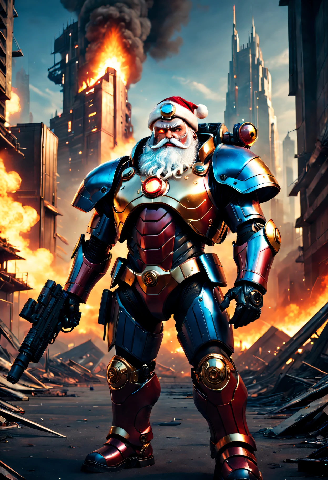 cybernetic santa claus，Red gold armor mechanical suit，Shining blue eyeierce war environment，Destroyed buildings and flames，The background is a futuristic cityscape，Equipped with laser gun and shield，Radar and targeting integrated into Santa hat，severe and threatening atmosphere，Sci-fi cyberpunk aesthetics，High contrast and desaturated tones，Dramatic and dynamic lighting effect quality,4K,A high resolution,tmasterpiece:1.2),ultra - detailed,(actual,photoactual,photo-actual:1.37)