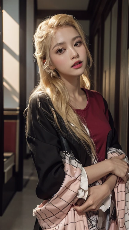 one woman, hair long, blonde, black eyes, pink dress , sharp body, inside the restaurant , detailed face, best quality, high quality, masterpiece, korean