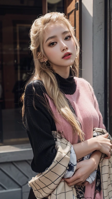 one woman, hair long, blonde, black eyes, pink dress , sharp body, inside the restaurant , detailed face, best quality, high quality, masterpiece, korean