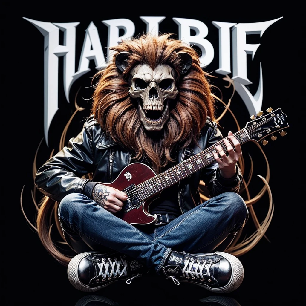logo name (HABIBIE) font death metal,skull lion wearing jacket and shoes,playing red guitar,skull,3D,full colors, realistics,background black