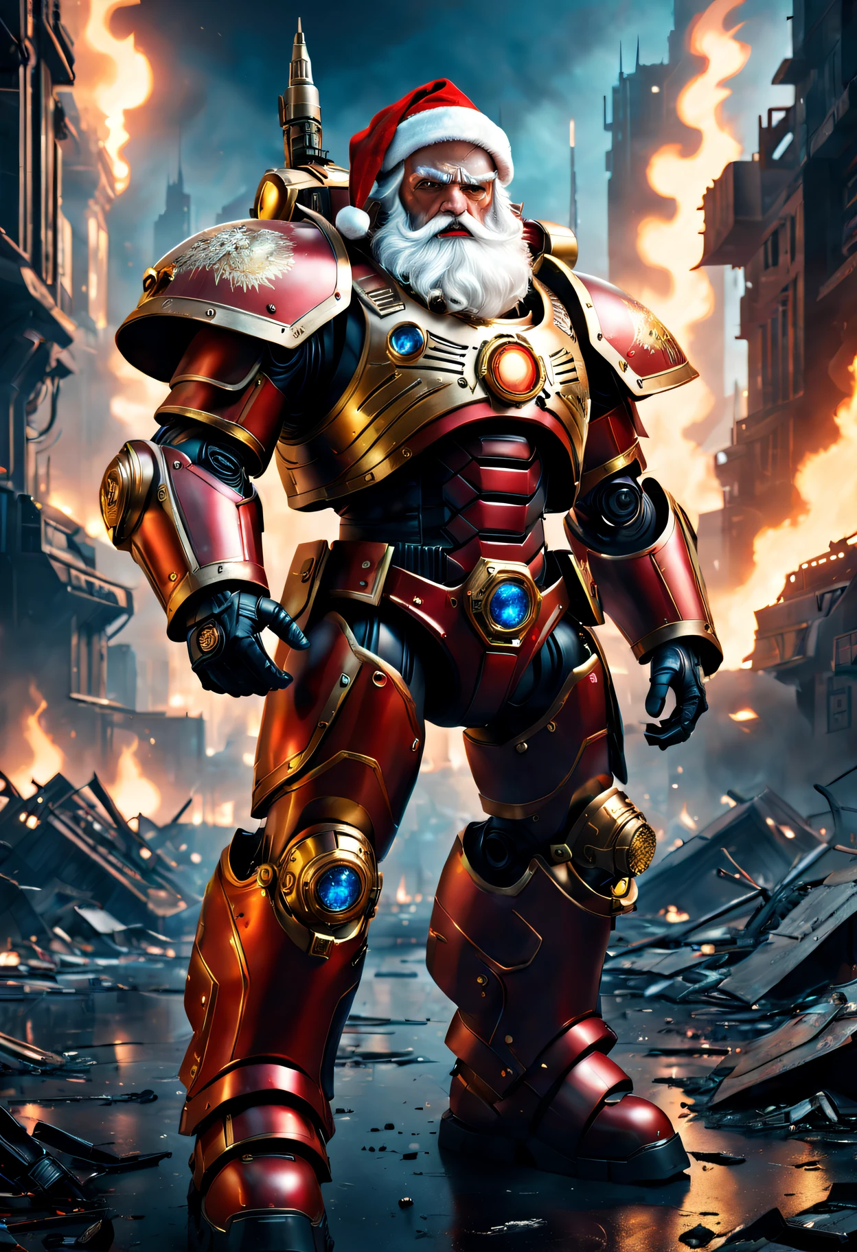 Warhammer 40K universe, cybernetic santa claus,Red gold armor mechanical suit,Shining blue eyeierce war environment,Destroyed buildings and flames,The background is a futuristic cityscape,Equipped with laser gun and shield,Radar and targeting integrated into Santa hat,severe and threatening atmosphere,Sci-fi cyberpunk aesthetics,High contrast and desaturated tones,Dramatic and dynamic lighting effect quality,4K,A high resolution,tmasterpiece:1.2),ultra - detailed,(actual,photoactual,photo-actual:1.37)