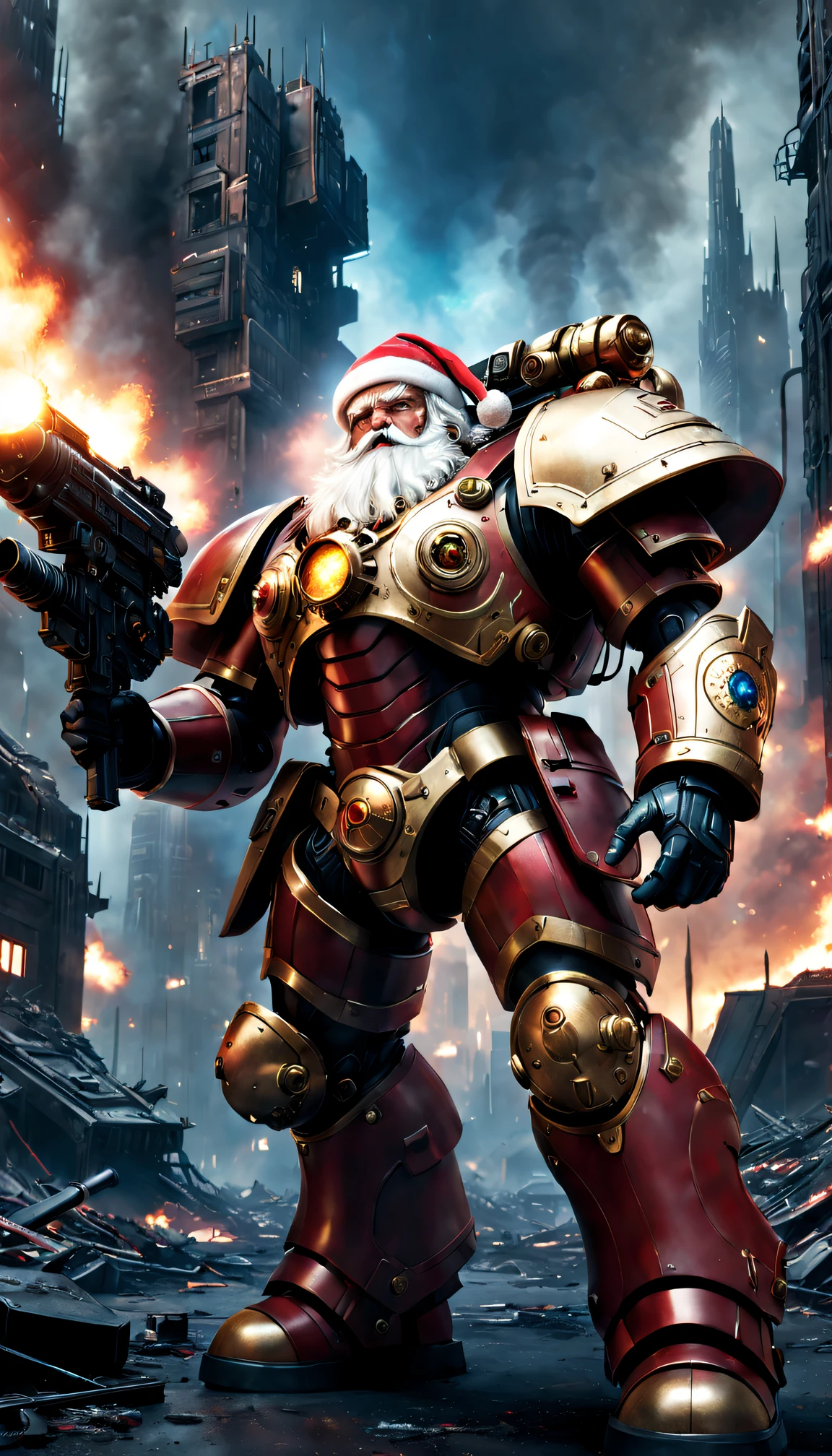 Warhammer 40K universe, cybernetic santa claus,Red gold armor mechanical suit,Shining blue eyeierce war environment,Destroyed buildings and flames,The background is a futuristic cityscape,Equipped with laser gun and shield,Radar and targeting integrated into Santa hat,severe and threatening atmosphere,Sci-fi cyberpunk aesthetics,High contrast and desaturated tones,Dramatic and dynamic lighting effect quality,4K,A high resolution,tmasterpiece:1.2),ultra - detailed,(actual,photoactual,photo-actual:1.37)
