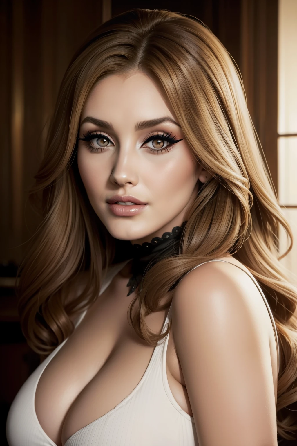 Lucy Pinder, ((VERY INTENSE MAKEUP)), smiling, neckline, voluptuous woman, secretary, (Adele), face portrait, sexy