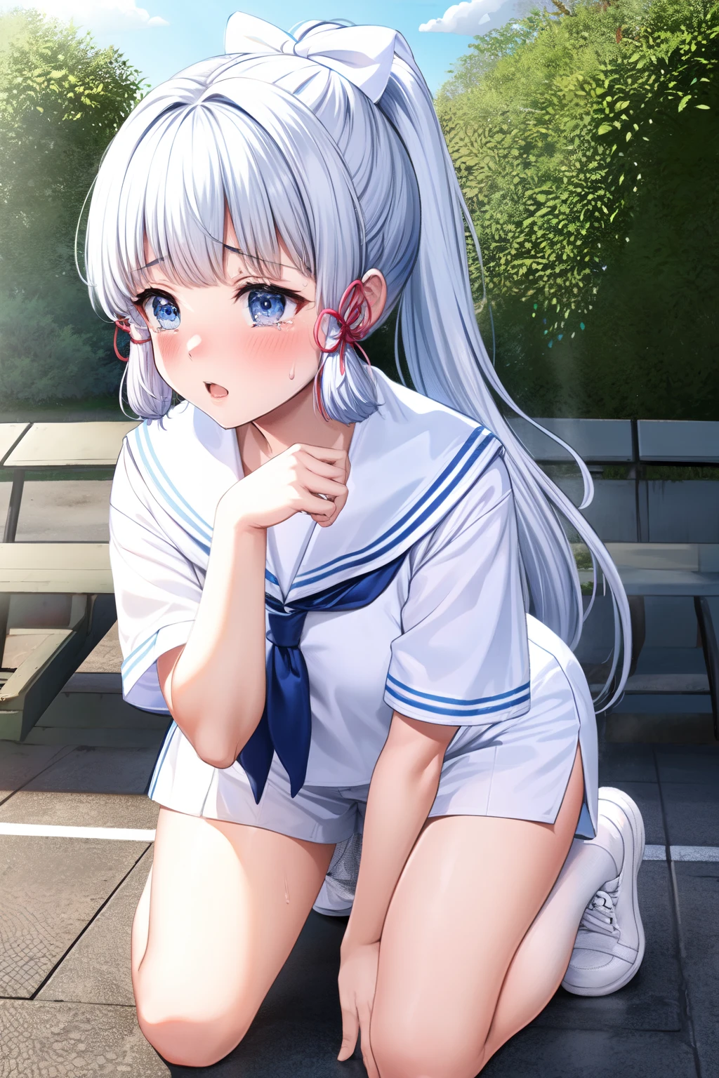 A high resolution, quality,  超quality, the ultra-detailed, lighting like a movie、small tit、School rooftop、(kneels on the ground)、embarrassed from、white color hair、high ponytails、skyblue eyes，weeping，Eyes full of tears，Tears flowed down her face，Wear sweaty、Covered in sweat、white transparent shorts、White sailor suit、Delicate lingerie、Cute *********** s、Limited to 18 people