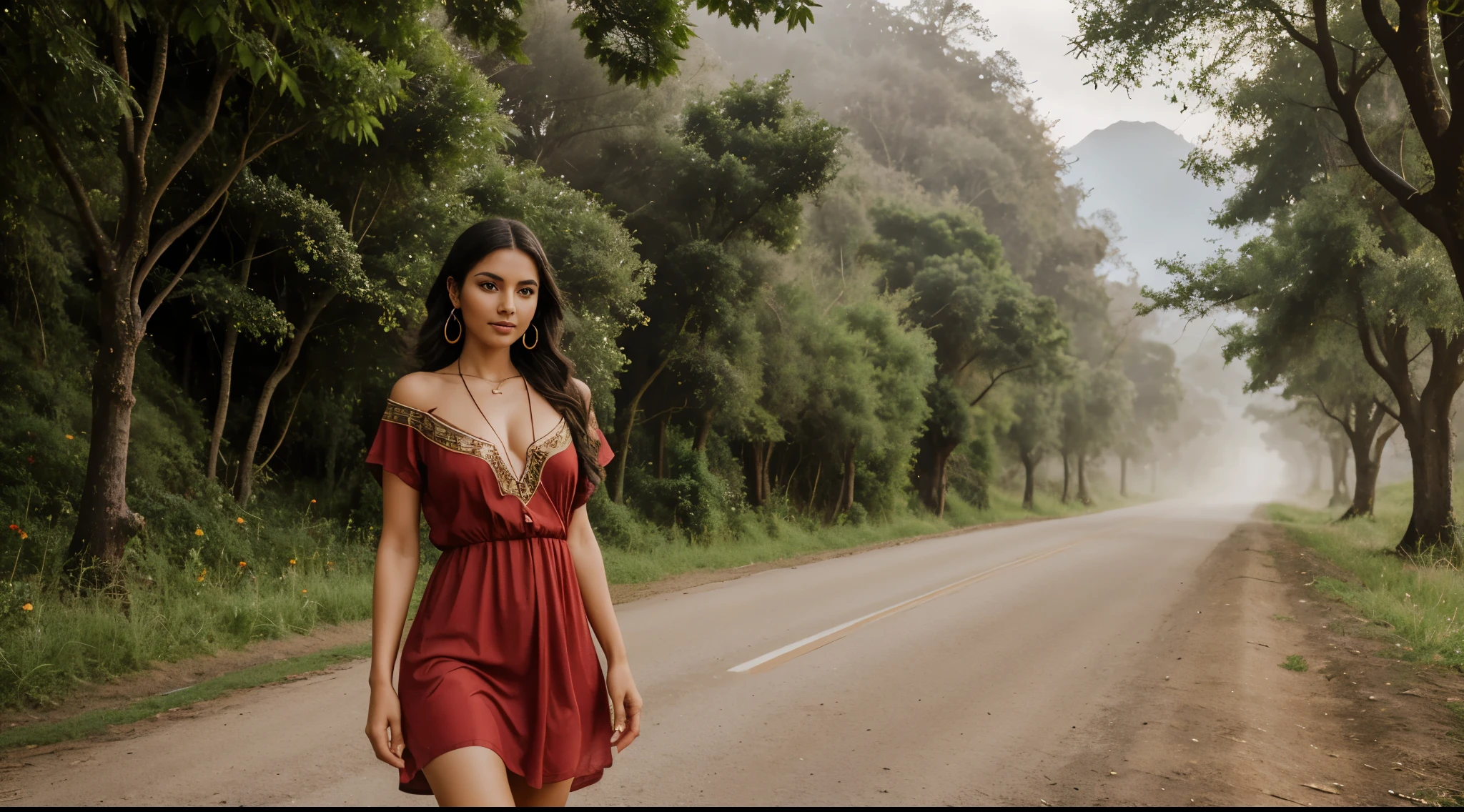((a girl (stand:1.2) (alone:1.6) on the road)),((full-body portrait:1.2, cinematic-shot)),(best quality,4k,8k,highres,masterpiece:1.2),ultra-detailed,(realistic,photorealistic,photo-realistic:1.37),(beautiful and aesthetic:1.2),(film grain:1.3).

[(1girl),(solo),((1 person)),(19years-old),[Raiana-Elizabeth-Dilla],pearl skin,(skin pores:1.1),beautiful detailed eyes,beautiful detailed lips,extremely detailed eyes,longeyelashes,extremely detailed face and skin texture,(skin texture:1.1),black hair,tall and slender body,(192cm tall),thin and delicate figure,graceful posture,flawless skin,defined abs,perfect curves,feminine appearance,beautiful long legs,embodying elegance and beauty,(cleavage breasts,large breasts:1.4),((wearing a sexy ((ultra-short (red) bohemian-style mini-shirt-dress)):1.4),extremely detailed and realistic (red) clothes,(shiny skin),((sharp focus:1.5)),(earringeathers:1.5),(happy expression,full smile)].

[country road,tree-lined path,incredible tropical landscape,serene atmosphere,dappled sunlight,greenery vanishing into the distance,peaceful countryside scene,rustic charm,scenic beauty,vibrant colors,untouched nature,tranquil oasis,hidden gem,exotic flora and fauna,cultural diversity,rich heritage,natural wonders,traditional wooden houses,rolling hills,gentle breeze,rural life,idyllic setting,lush vegetation,farmland,traditional farming techniques,flocks of birds,exquisite craftsmanship,timeless beauty,slow-paced lifestyle,rugged terrain,inviting paths,verdant fields,faded signposts,ancient temples,gracious locals,warm smiles,colossal mountains,misty vastness,harmony with nature,distant volcano,gorgeous sunset,picturesque view,instilling a sense of wanderlust,serenity amidst chaos,unexplored corners,ethereal beauty,escapism from the modern world,blissful escape into the heart of unforgettable journey].

Official art,extremely detailed,Angelic ethereal beauty,award-winning photography,professional photography,depth-of-field.