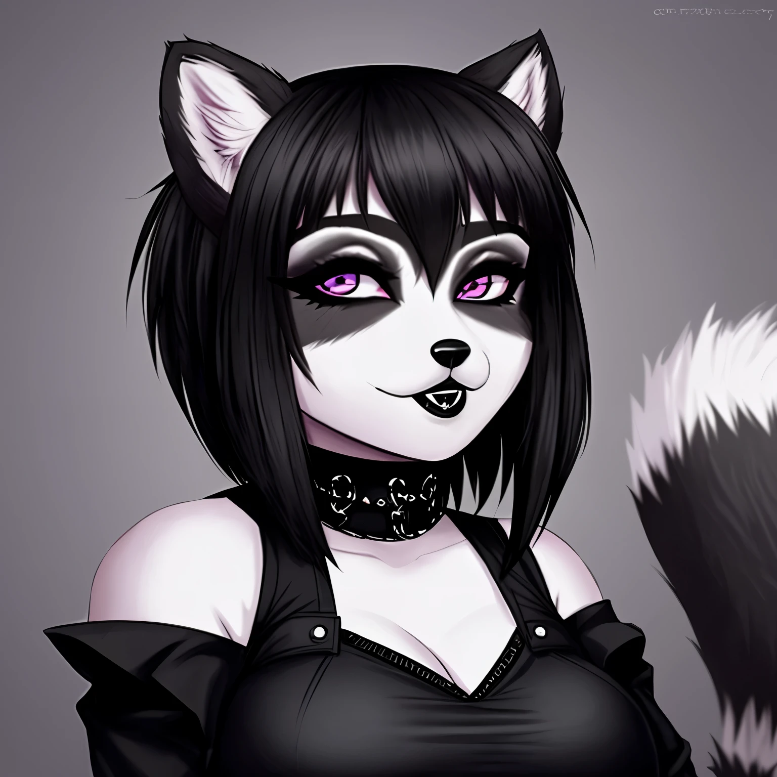 furry raccoon, енот goth, raccoon girl, goth, big breastes, in black clothes, black  hair, raccoon