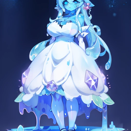 Highly detailed, high quality, masterpiece, Slimecore, monster girl, slime girl, smile, blue slime, cowboy throw, (((white dress without fabric straps)),strapless,sleeveless,