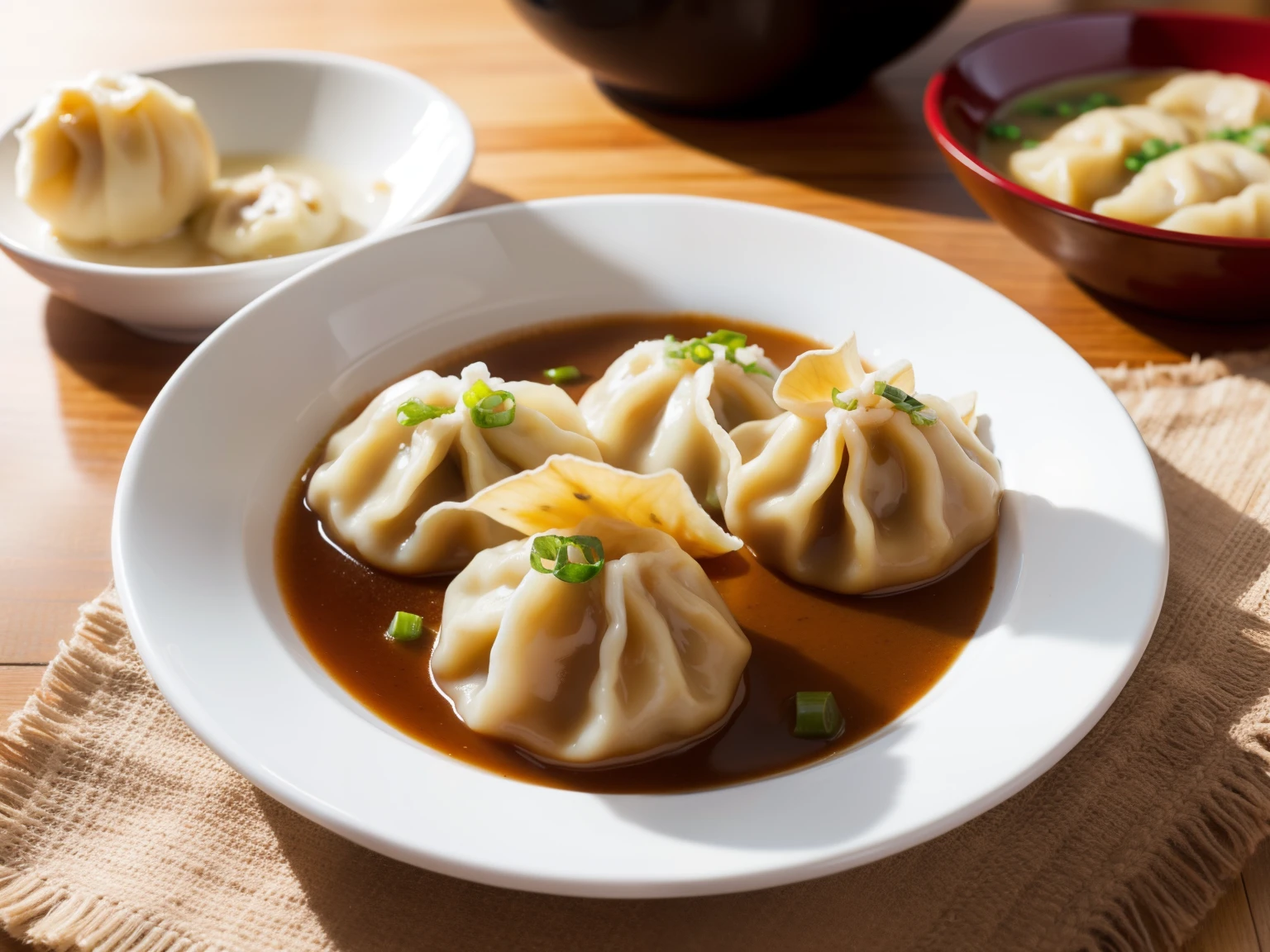 There are many dumplings on the table，Chinese dumplings，（half moon shaped dumplings），dumplings on a plate, Chinese dumpling food, cooked dumplings，tmasterpiece，the soft light