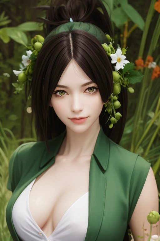 a girl with long hair, in a green suit consisting of cucumbers and peas, lots of details, greenery, close-up, hyperdetalization, Greg Rutkowski style