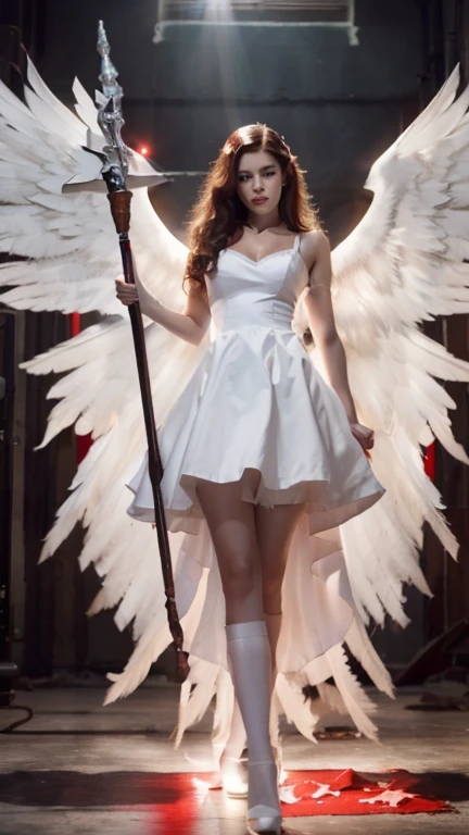Killer nurse vampire girl. super beautiful body. full body. red eyes. white dress. Wings. White high heels. holding a Super magical big stick. Super white shine