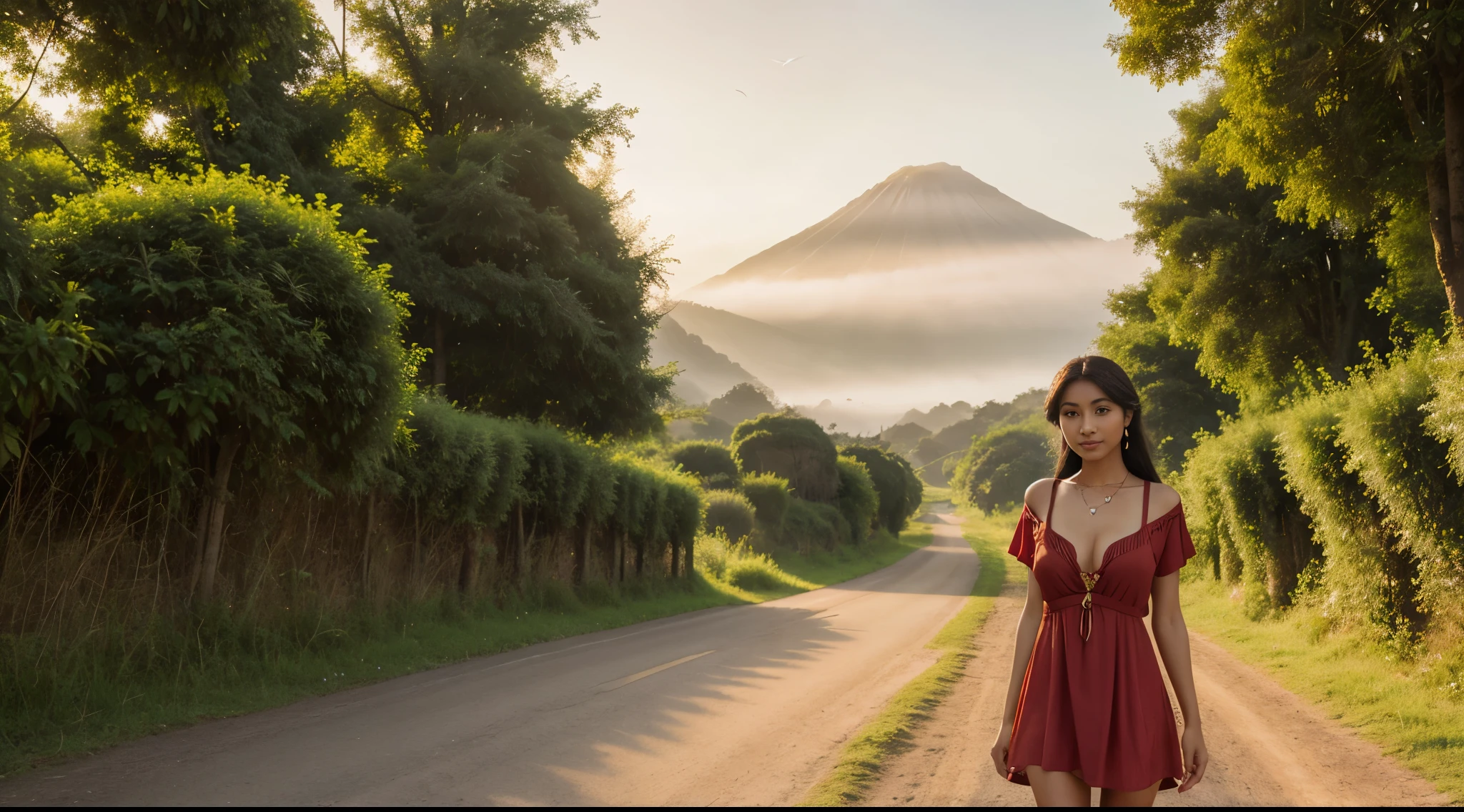 ((a girl (stand:1.2) (alone:1.6) on the road)),((full-body portrait:1.2, cinematic-shot)),(best quality,4k,8k,highres,masterpiece:1.2),ultra-detailed,(realistic,photorealistic,photo-realistic:1.37),(beautiful and aesthetic:1.2),(film grain:1.3).

[(1girl),(solo),((1 person)),(19years-old),[Raiana-Elizabeth-Dilla],pearl skin,(skin pores:1.1),beautiful detailed eyes,beautiful detailed lips,extremely detailed eyes,longeyelashes,extremely detailed face and skin texture,(skin texture:1.1),black hair,tall and slender body,(192cm tall),thin and delicate figure,graceful posture,flawless skin,defined abs,perfect curves,feminine appearance,beautiful long legs,embodying elegance and beauty,(cleavage breasts,large breasts:1.4),((wearing a sexy ((ultra-short (red) bohemian-style mini-shirt-dress)):1.4),extremely detailed and realistic (red) clothes,(shiny skin),((sharp focus:1.5)),(earringeathers:1.5),(happy expression,full smile)].

[country road,tree-lined path,incredible tropical landscape,serene atmosphere,dappled sunlight,greenery vanishing into the distance,peaceful countryside scene,rustic charm,scenic beauty,vibrant colors,untouched nature,tranquil oasis,hidden gem,exotic flora and fauna,cultural diversity,rich heritage,natural wonders,traditional wooden houses,rolling hills,gentle breeze,rural life,idyllic setting,lush vegetation,farmland,traditional farming techniques,flocks of birds,exquisite craftsmanship,timeless beauty,slow-paced lifestyle,rugged terrain,inviting paths,verdant fields,faded signposts,ancient temples,gracious locals,warm smiles,colossal mountains,misty vastness,harmony with nature,distant volcano,gorgeous sunset,picturesque view,instilling a sense of wanderlust,serenity amidst chaos,unexplored corners,ethereal beauty,escapism from the modern world,blissful escape into the heart of unforgettable journey].

Official art,extremely detailed,Angelic ethereal beauty,award-winning photography,professional photography,depth-of-field.