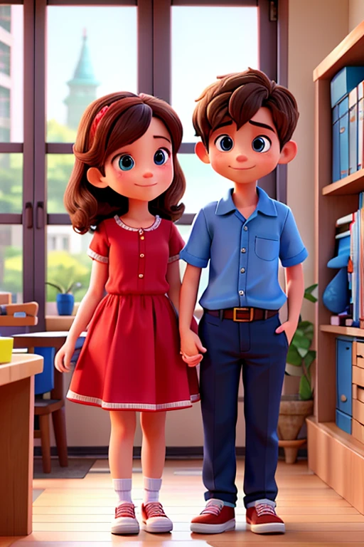 Lovely cuple. Boy in blue shirt. Girl in red dress