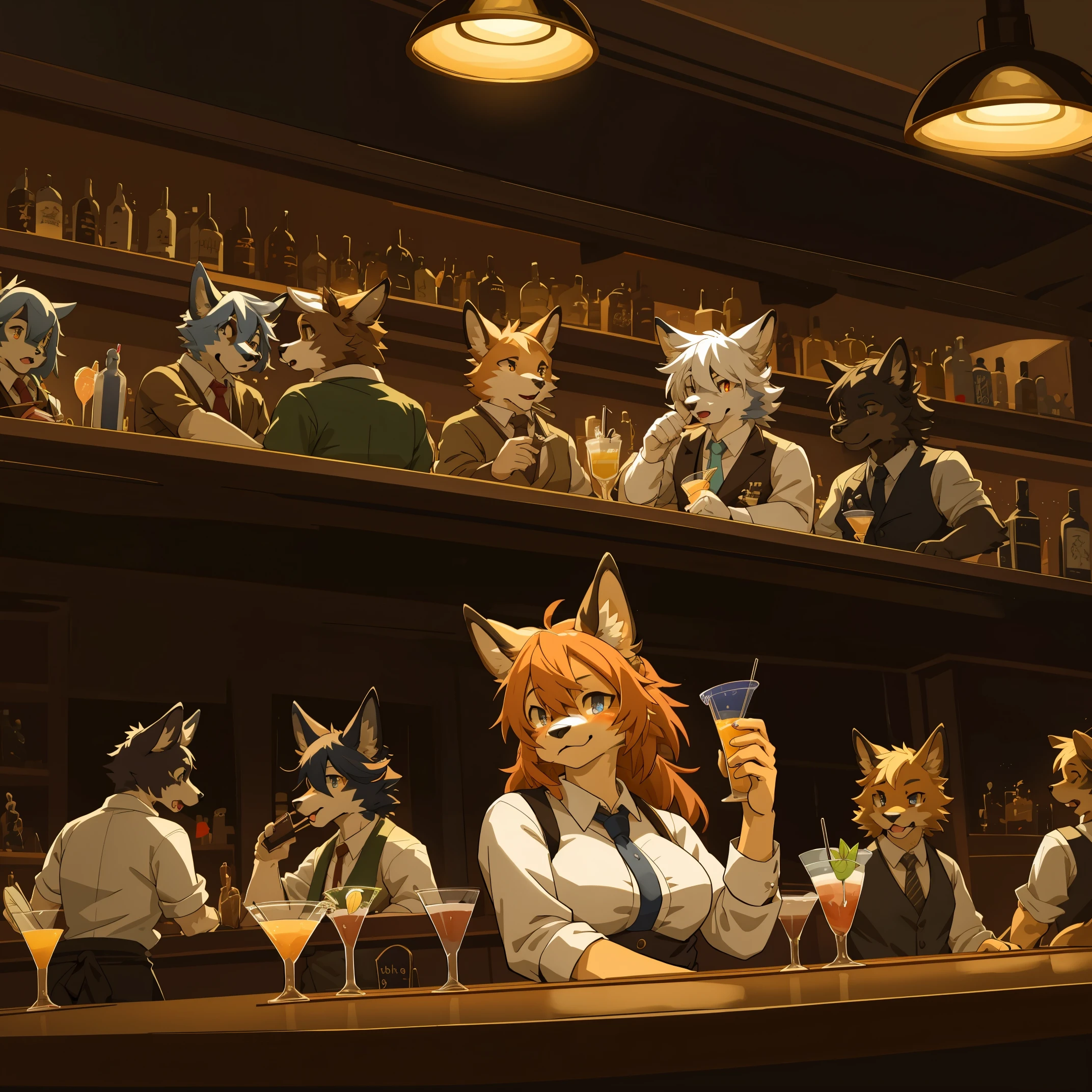 top quality, best quality, High-quality illustrations, masterpiece, super high resolution, detailed background, bartender, bar, tail, 6+boys, 6+girls, absurdres(highly detailed beautiful face and eyes)perfect anatomy, expression, good lighting, cinematic shadow(kemono, furry anthro)assod poses, dynamic angle,