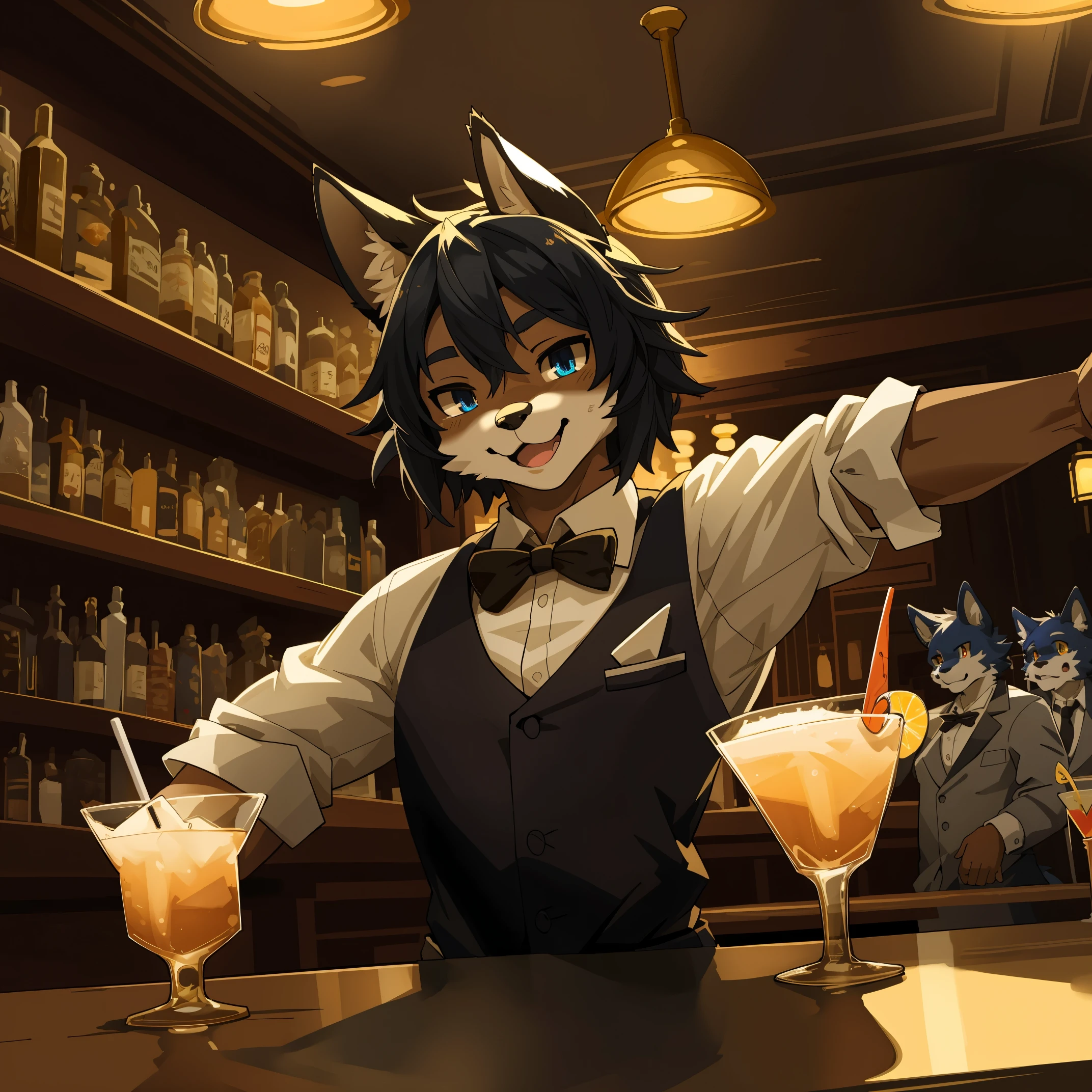 top quality, best quality, High-quality illustrations, masterpiece, super high resolution, detailed background, bartender, bar, cocktail, 6+boys, 6+girls, absurdres(highly detailed beautiful face and eyes)perfect anatomy, expression, good lighting, cinematic shadow(kemono, furry anthro)assorted poses, dynamic angle,