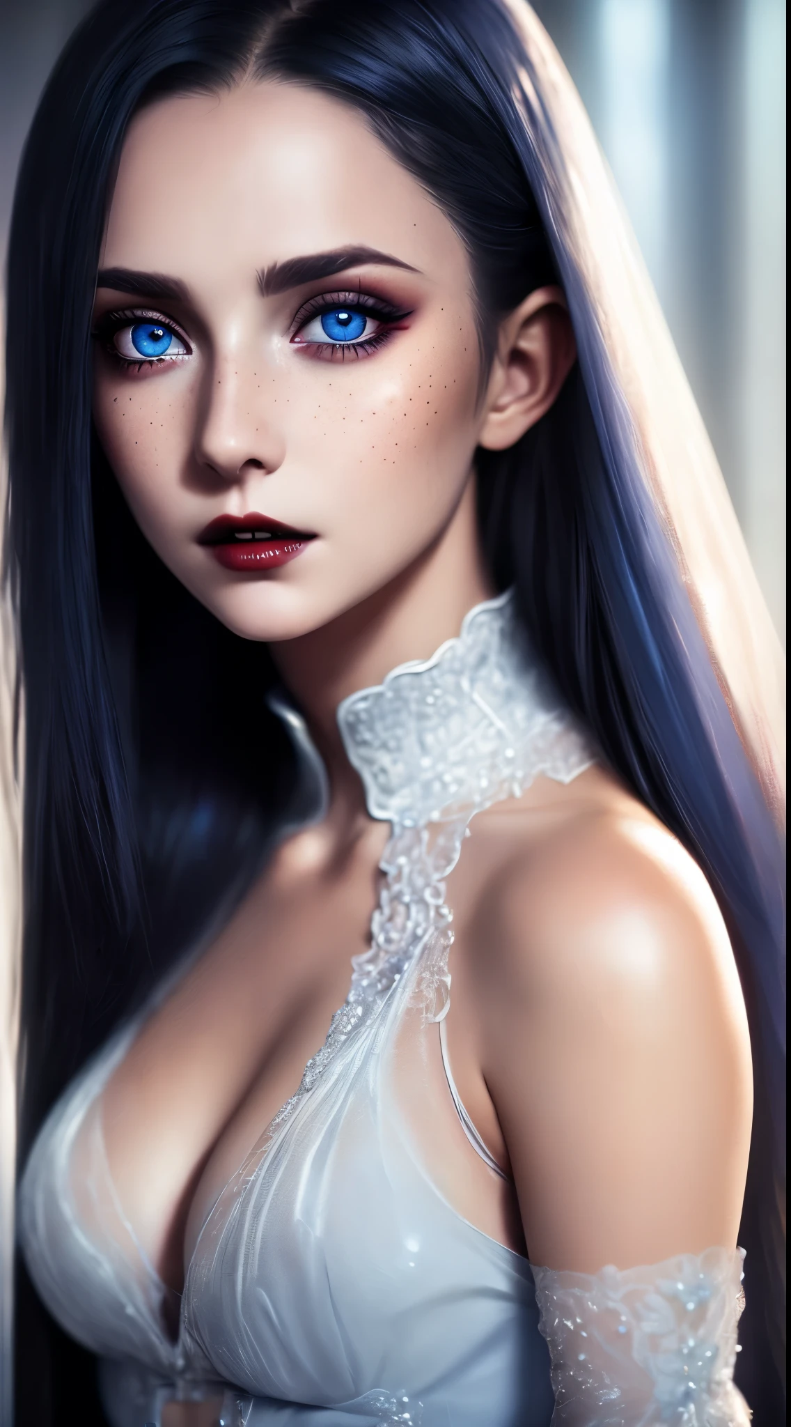 (best quality, hyper detailed photography:1.2), beautiful lady, freckle ,blueeyes)),dark makeup, soft light, head and breast portrait, cover, (detailed beautiful face, detail skin texture, ultra-detailed body:1.1) ((sexy vampire girl)),