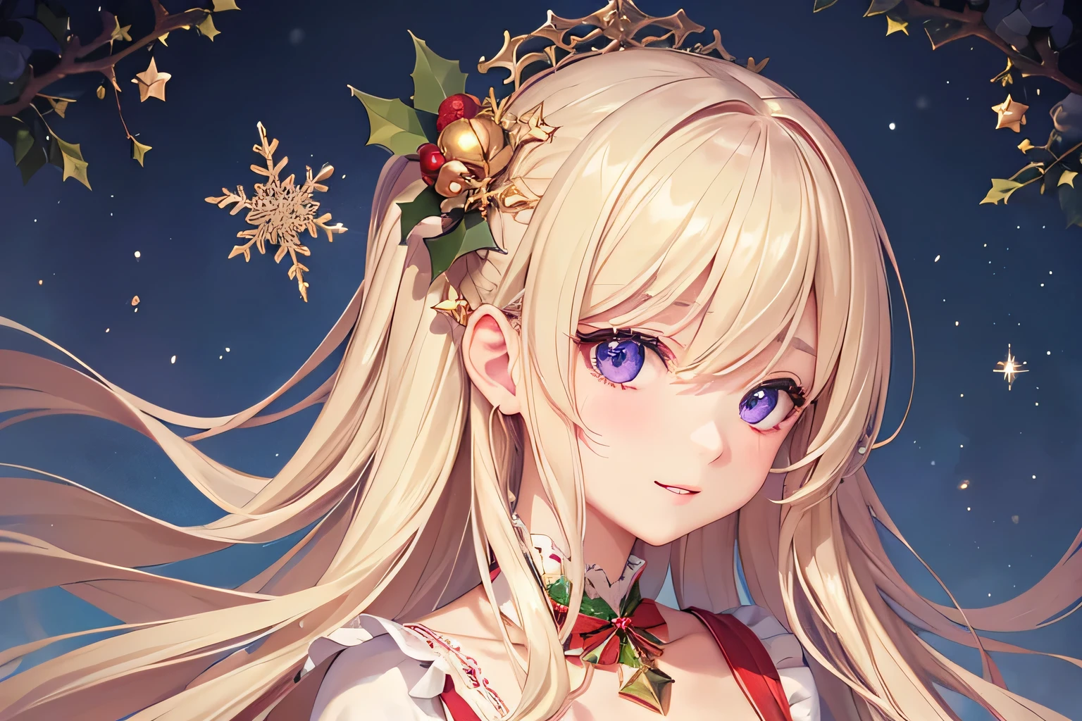 Beautiful blonde precise and detailed two side up hairstyle、Santa Claus Costume、Christmas、absurderes、Emphasis on the chest、Christmas柄のリボン、Cute young lady、独奏、Boobs Boobs Deep and Detailed Eyes、Beautiful, Delicate and detailed purple eyes、Very beautiful and delicate shining eyes、Beautiful smile with attention to detail、;D、beautiful and delicate flowing hair、、Have a gift、Christmasプレゼント、Beautiful delicate and detailed hands、Super beautiful illustration of breasts, delicate, detailed and natural beautiful fingers、to stand、Cute and beautiful, Beautiful face is very delicate and detailed、A very beautiful and mysterious cathedral