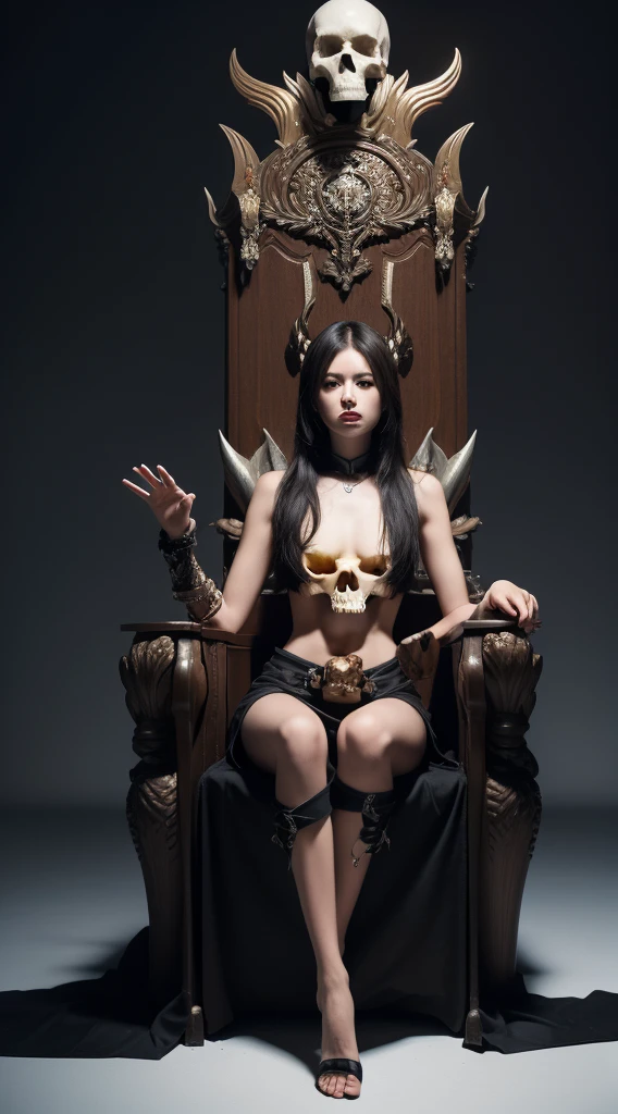 attea, half body, sitting on throne, throne made from skulls, masterpiece, best quality