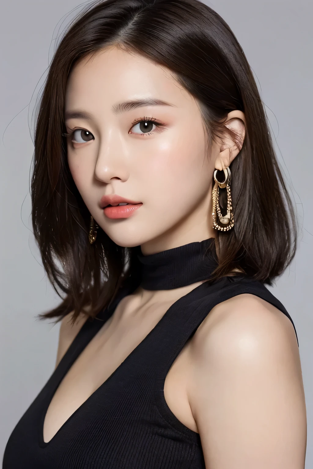 ((nighttime scene,逼真光线,best quality,8K,tmasterpiece:1.3)),1girll,Beautiful woman with plump body:1.4,(brown wavy hair,larger breasts:5.8),Off-the-shoulder cut top:1.9, hoop earrings, sofe,blank white background, Super detailed face,Detailed eyes,double eyelid details