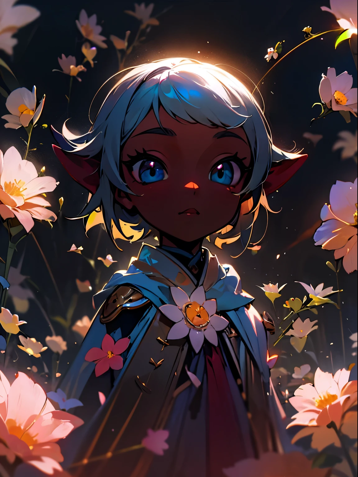 Little cute flower spirit, (dark skin), solo,  concept art, fantasy art, matte in the style of alena aenami, volumetric light, sun rays, by yanjun cheng, hyperrealism, cinema 4d, beautiful, mysterious, elemental, ethereal, elementl, high resolution