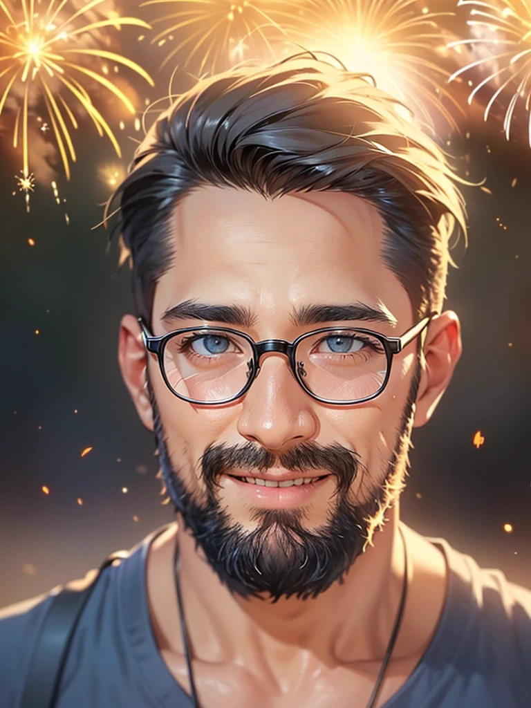 there is a man with glasses and a beard smiling for a picture, (Fireworks in the vast night sky:1.3),(top-quality,8K,32K,masterpiece,nffsw:1.3),(Photorealsitic:1.4),Raw photography,Wide Angle,hair adornments,Elegant Pose,skyrocket,Fireworks glare,depth of fields,lensflare,